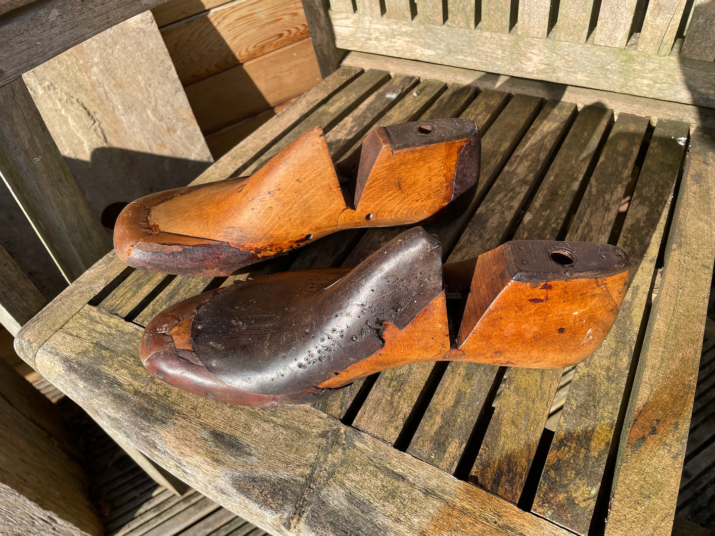 Antique Cobbler's wooden shoe last or form with original leather and metal sole