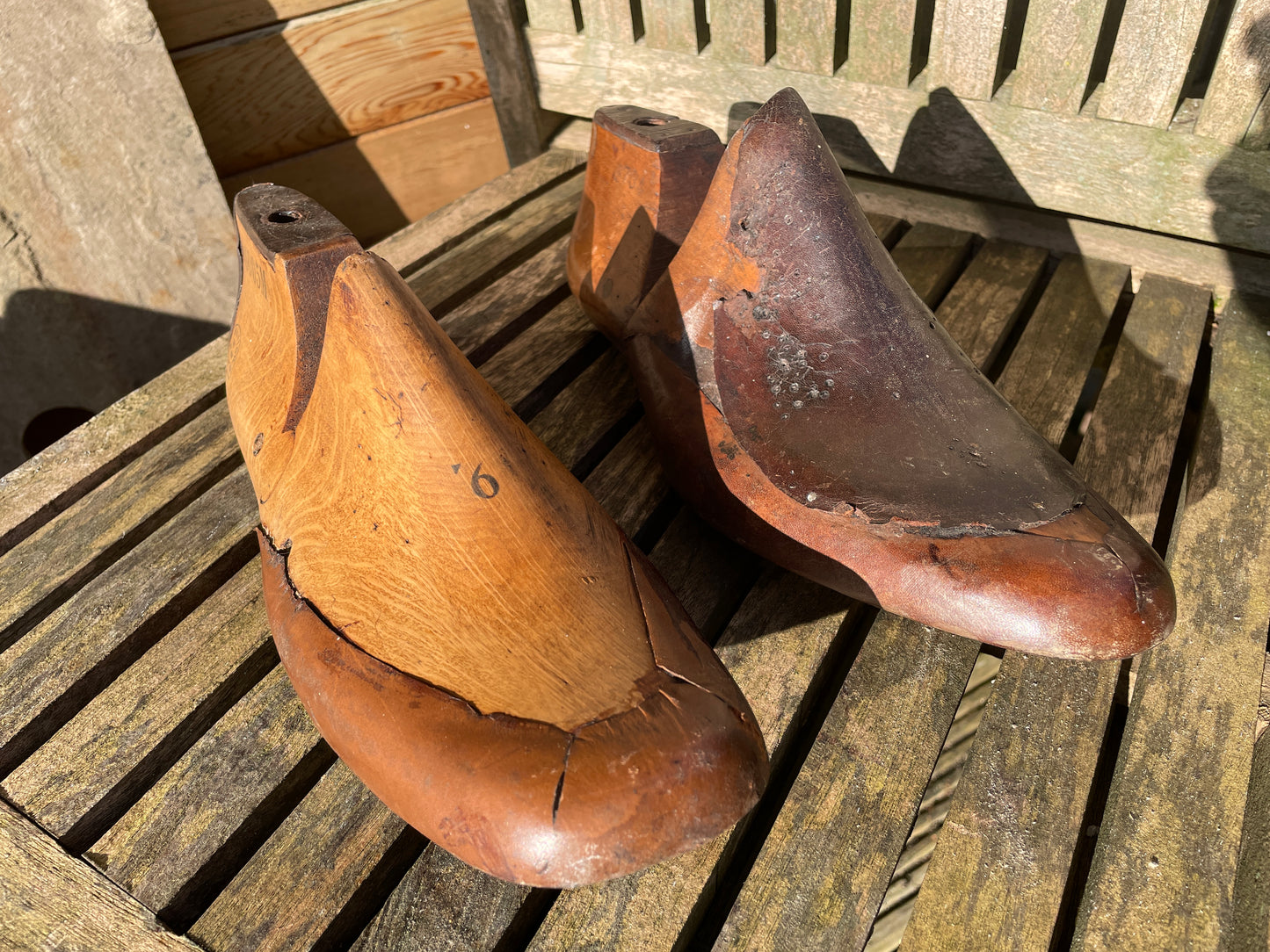 Antique Cobbler's wooden shoe last or form with original leather and metal sole