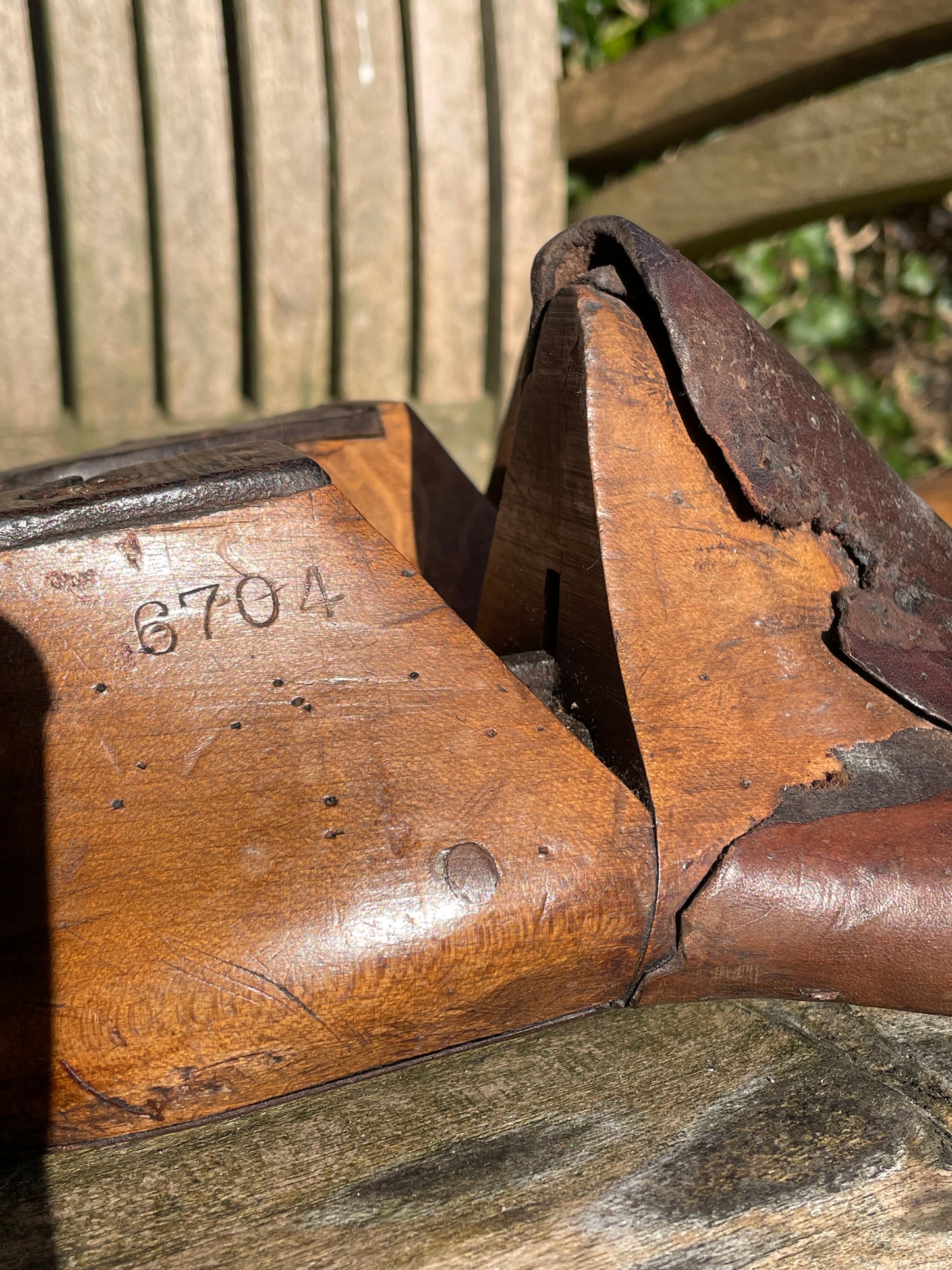 Antique Cobbler's wooden shoe last or form with original leather and metal sole