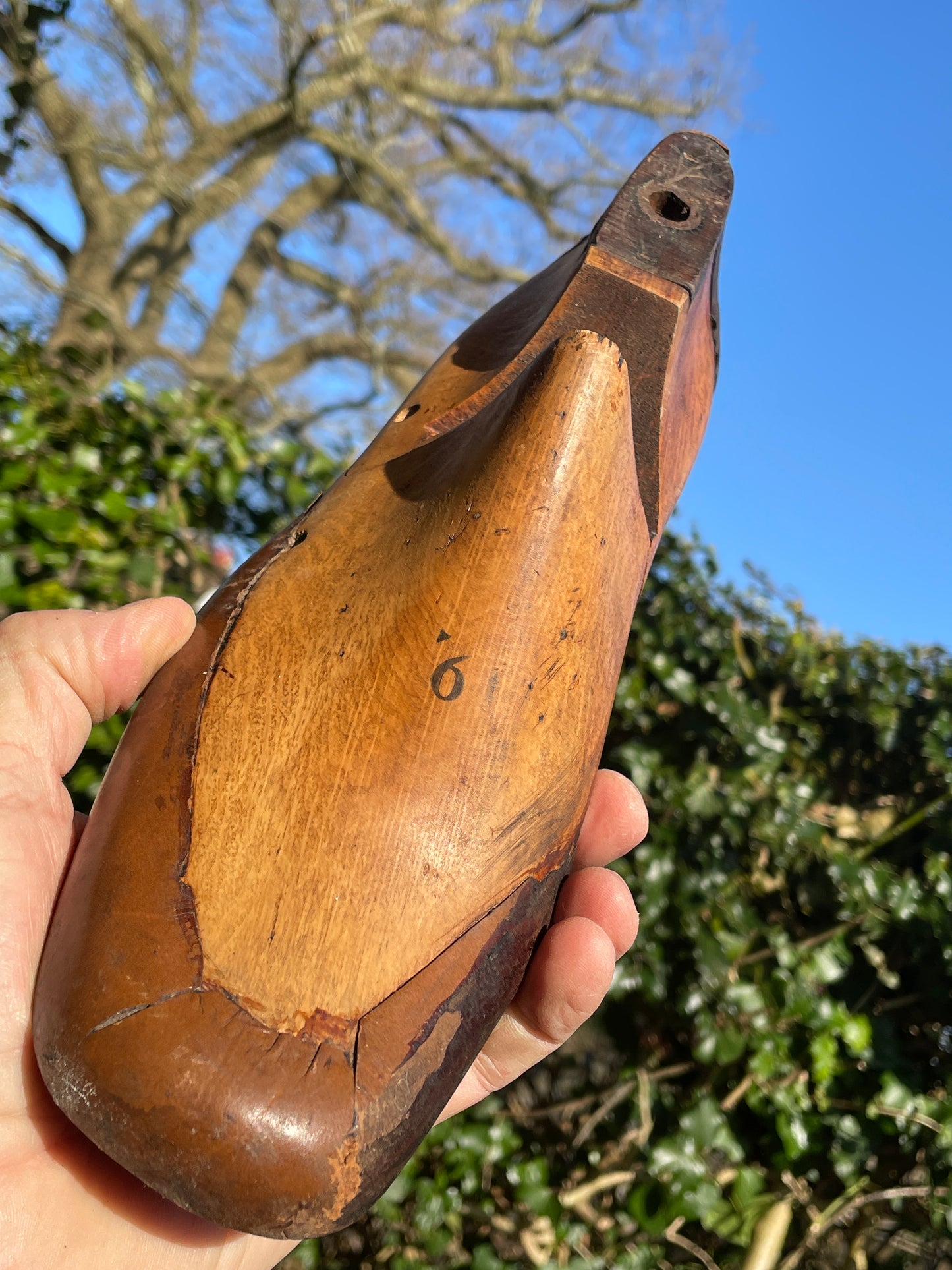 Antique Cobbler's wooden shoe last or form with original leather and metal sole