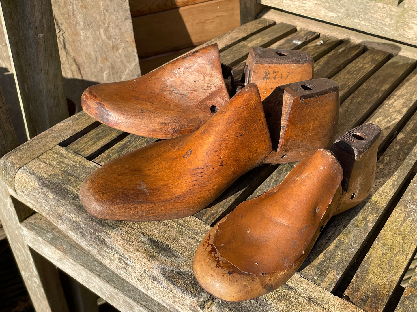 Antique Cobbler's wooden shoe lasts or formers with original leather patches