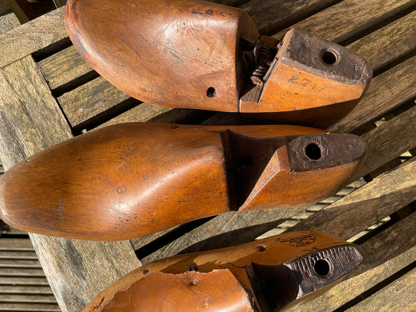 Antique Cobbler's wooden shoe lasts or formers with original leather patches