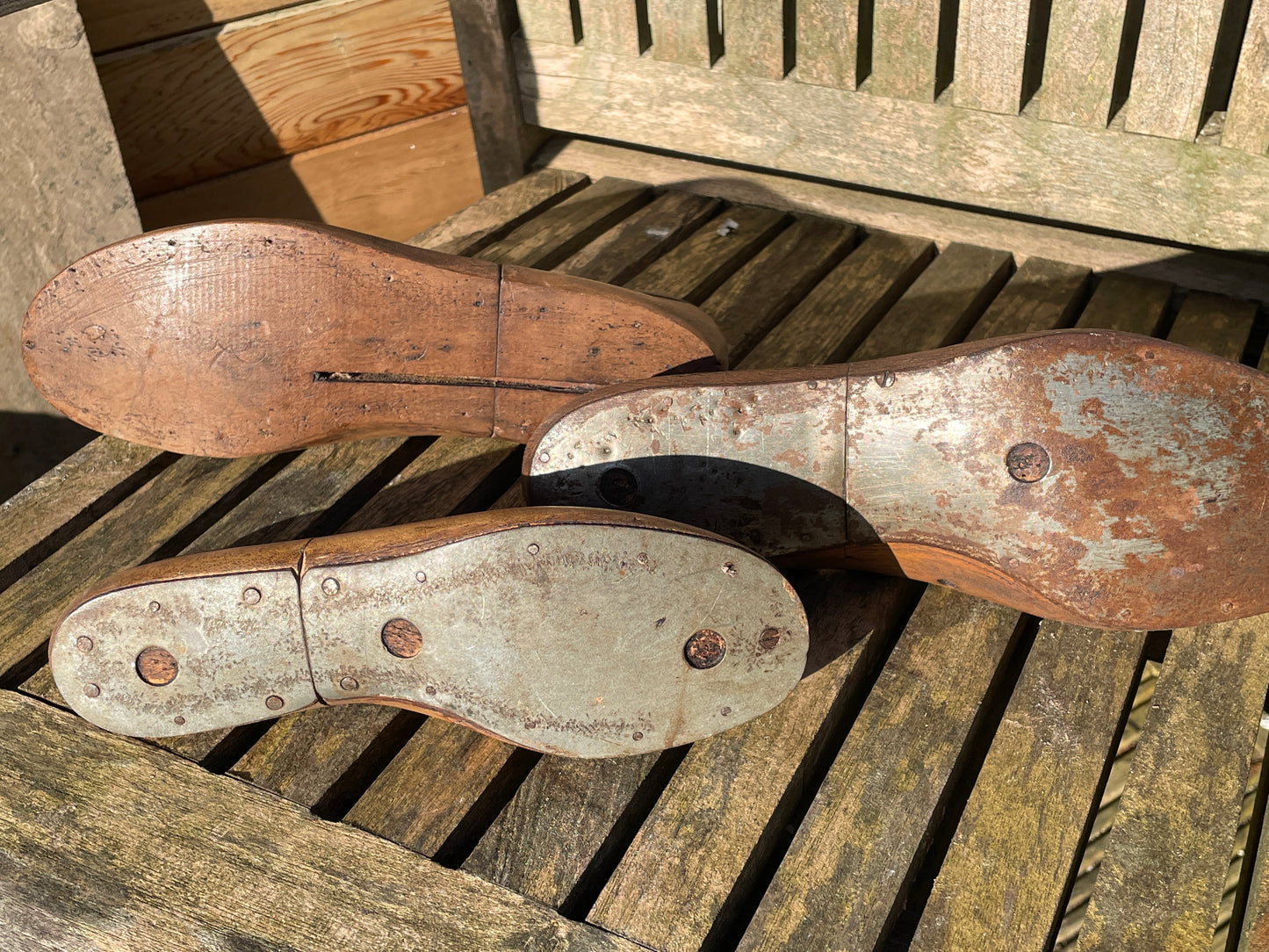 Antique Cobbler's wooden shoe lasts or formers with original leather patches