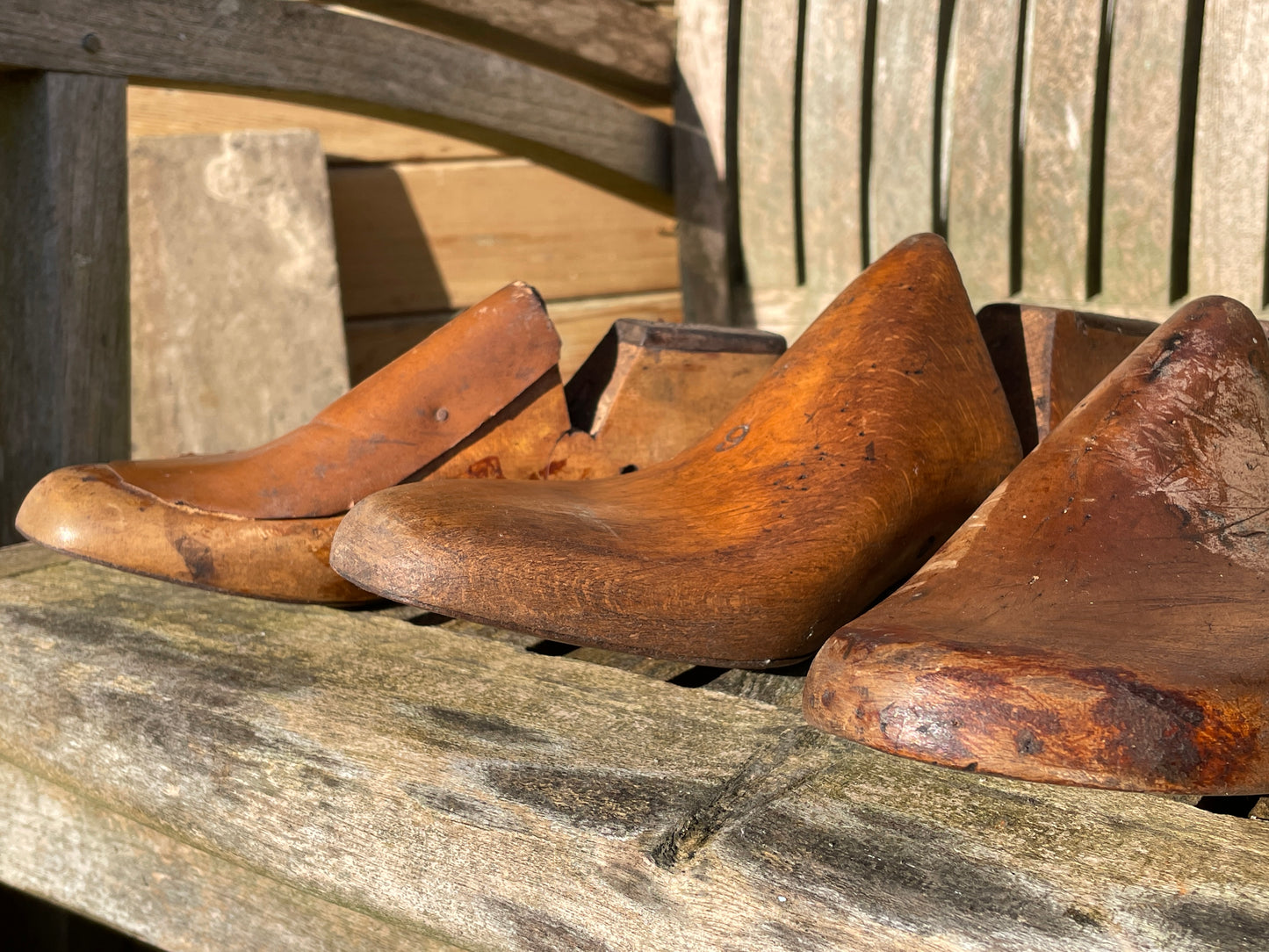 Antique Cobbler's wooden shoe lasts or formers with original leather patches