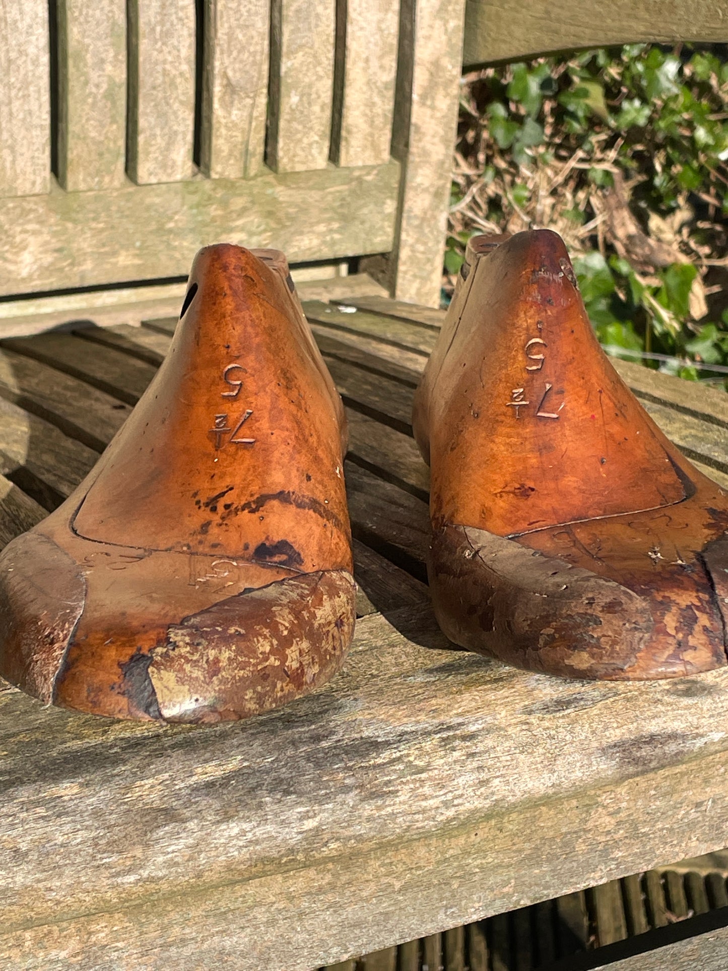 Antique Cobbler's wooden shoe last pair, marked and stamped, sized 7 1/2