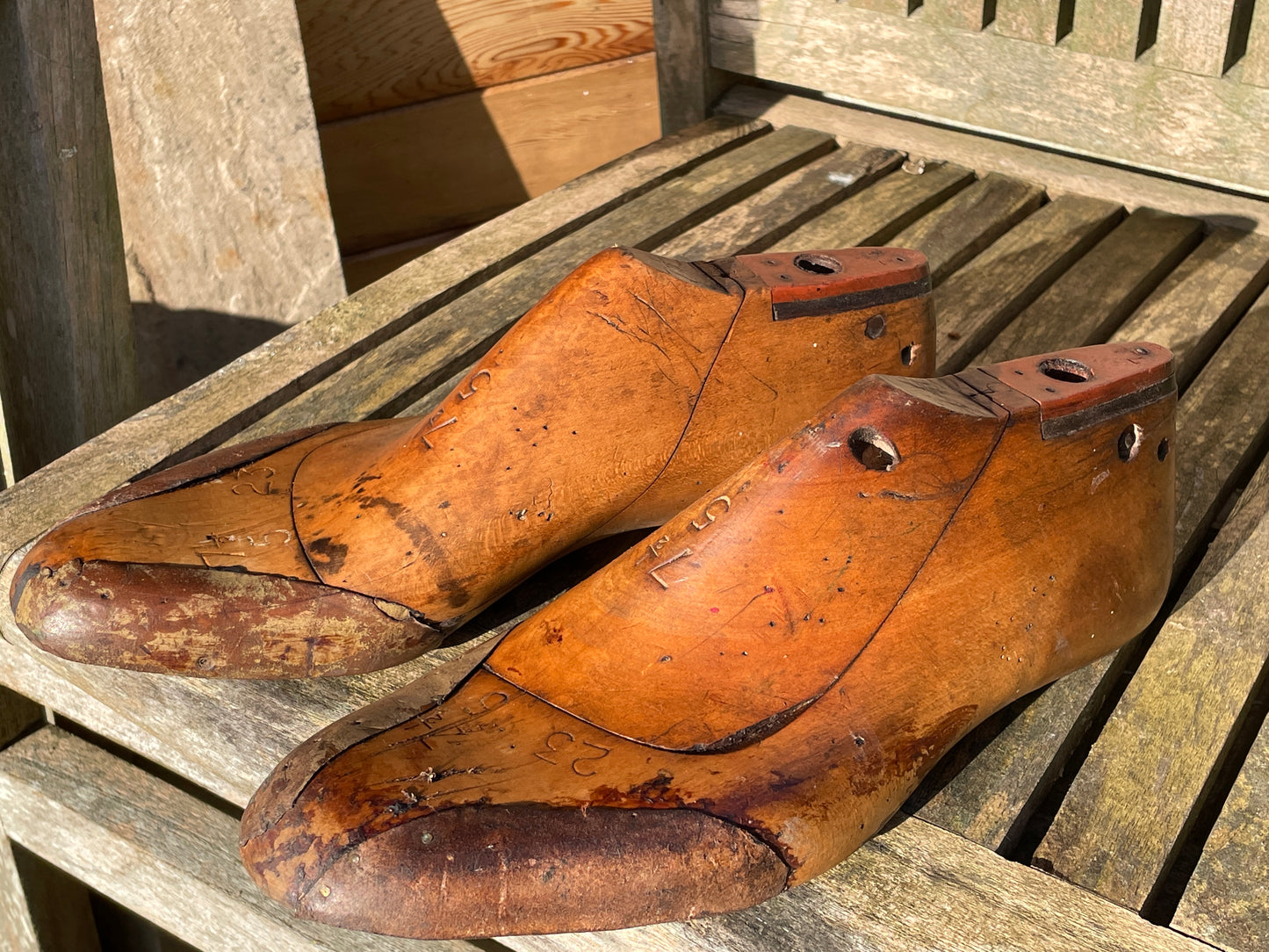 Antique Cobbler's wooden shoe last pair, marked and stamped, sized 7 1/2