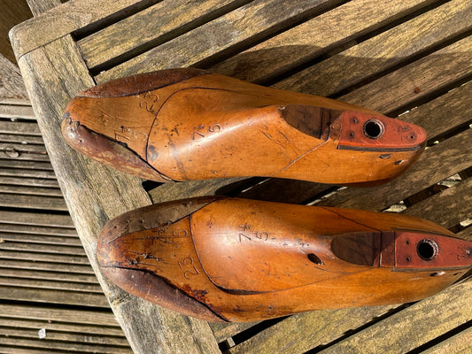 Antique Cobbler's wooden shoe last pair, marked and stamped, sized 7 1/2