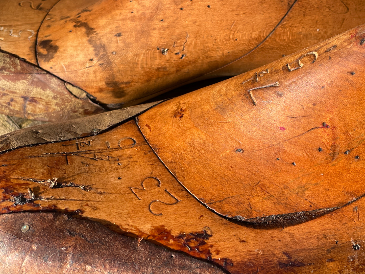 Antique Cobbler's wooden shoe last pair, marked and stamped, sized 7 1/2
