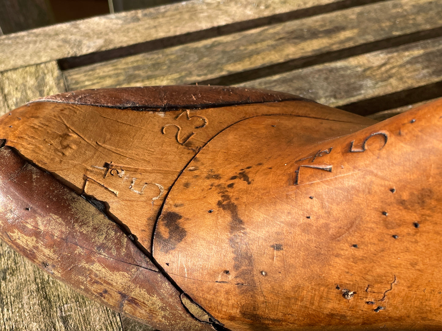 Antique Cobbler's wooden shoe last pair, marked and stamped, sized 7 1/2