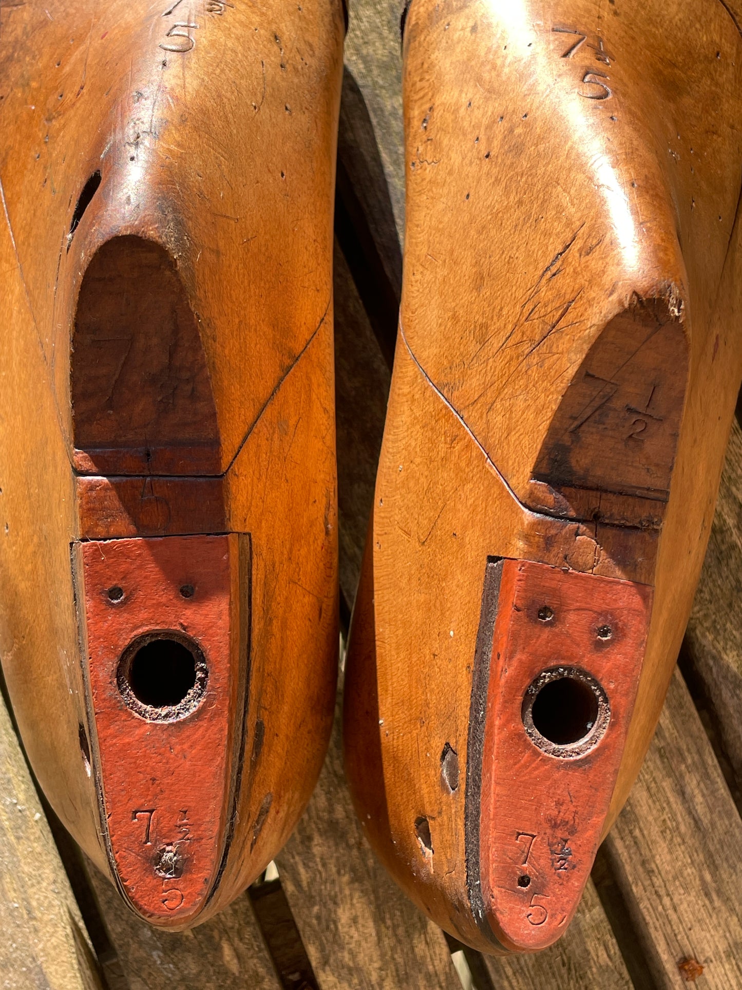 Antique Cobbler's wooden shoe last pair, marked and stamped, sized 7 1/2
