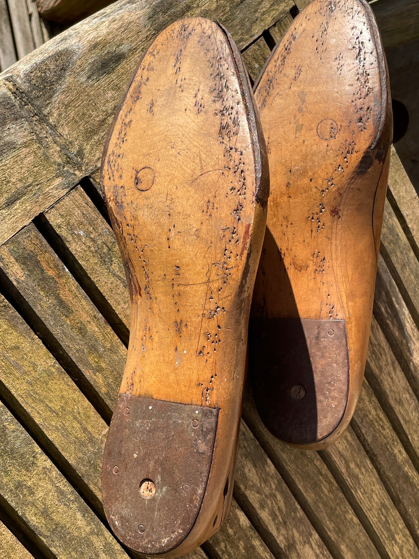 Antique Cobbler's wooden shoe last pair, marked and stamped, sized 7 1/2
