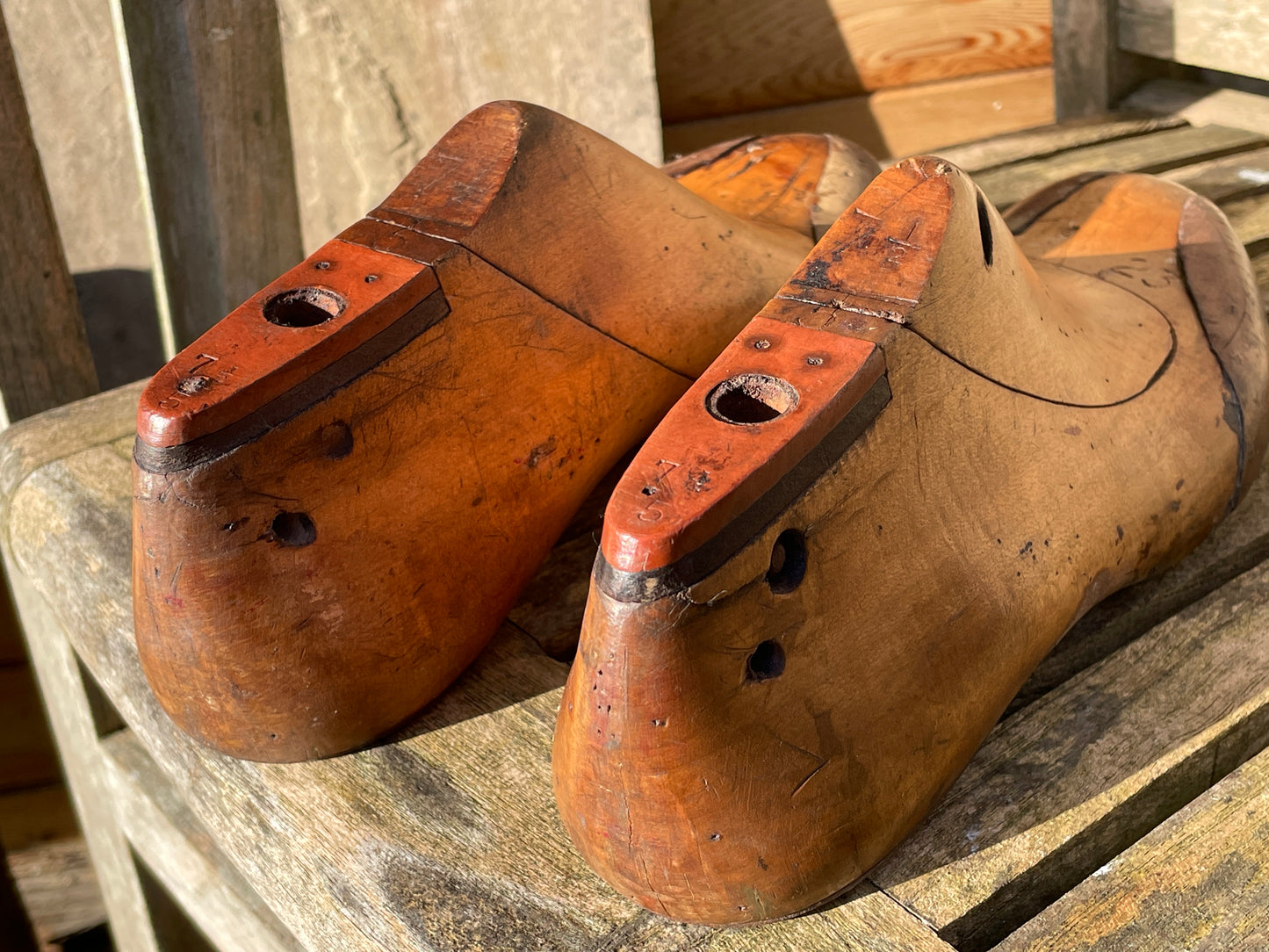 Antique Cobbler's wooden shoe last pair, marked and stamped, sized 7 1/2