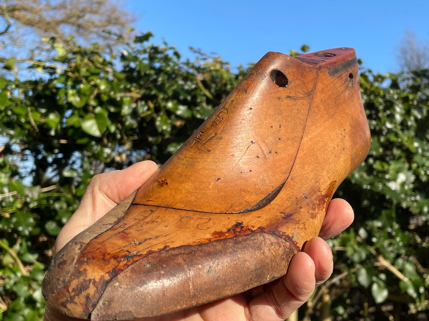 Antique Cobbler's wooden shoe last pair, marked and stamped, sized 7 1/2