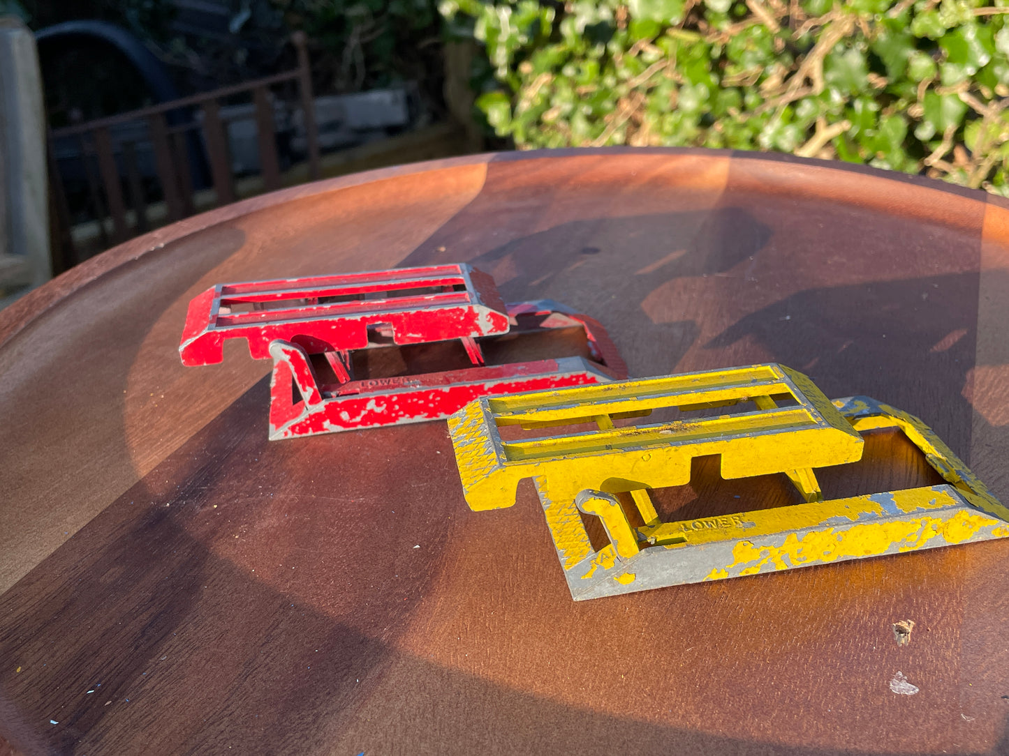 Two Crescent Toys diecast Car Garage Ramps in red and yellow 10cm long