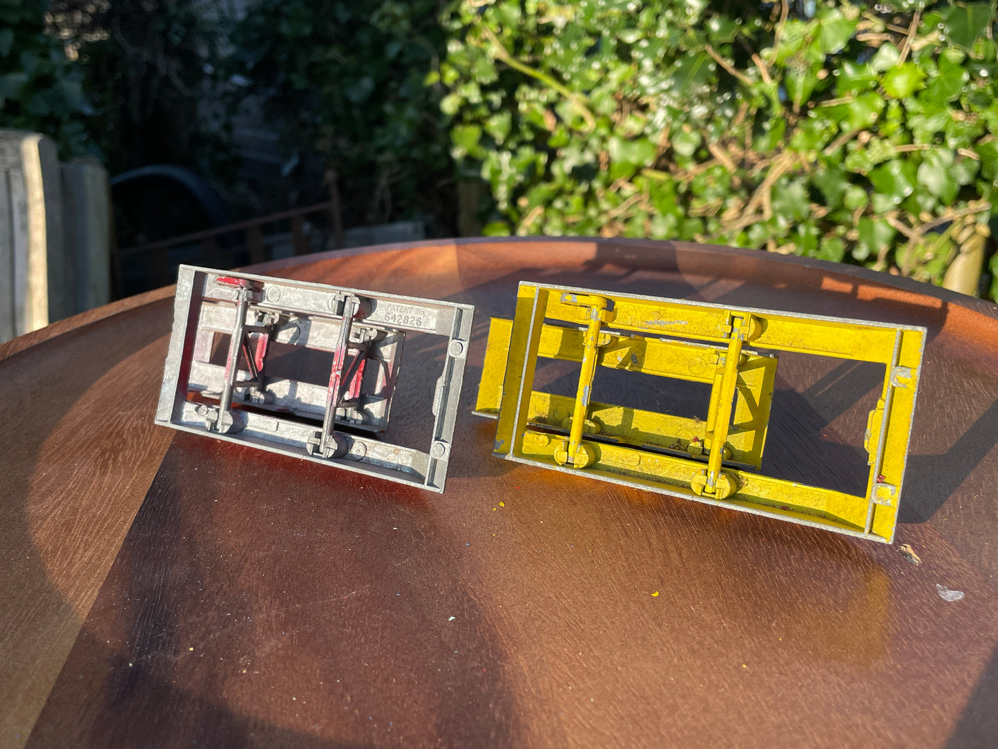 Two Crescent Toys diecast Car Garage Ramps in red and yellow 10cm long