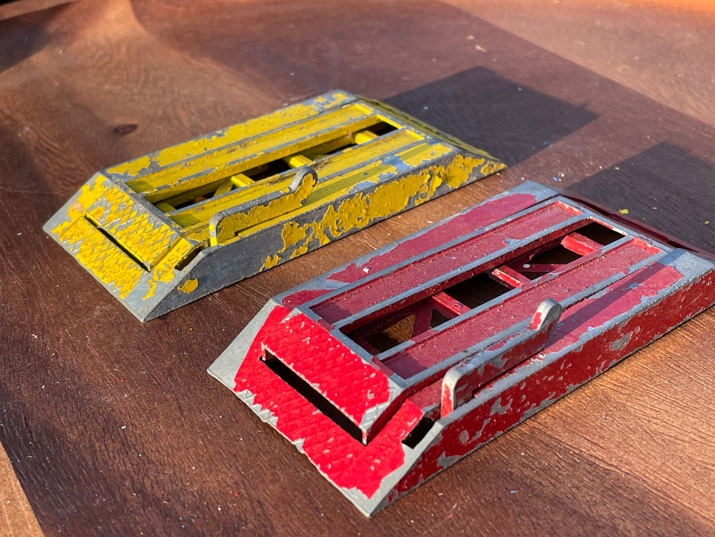 Two Crescent Toys diecast Car Garage Ramps in red and yellow 10cm long