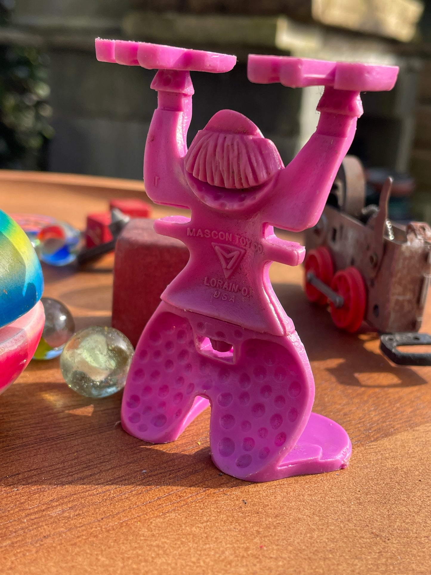 Seventies toy collection, Yo-Yo, Wall Walker, stacking Clown, clockwork train ,marbles, spinning top