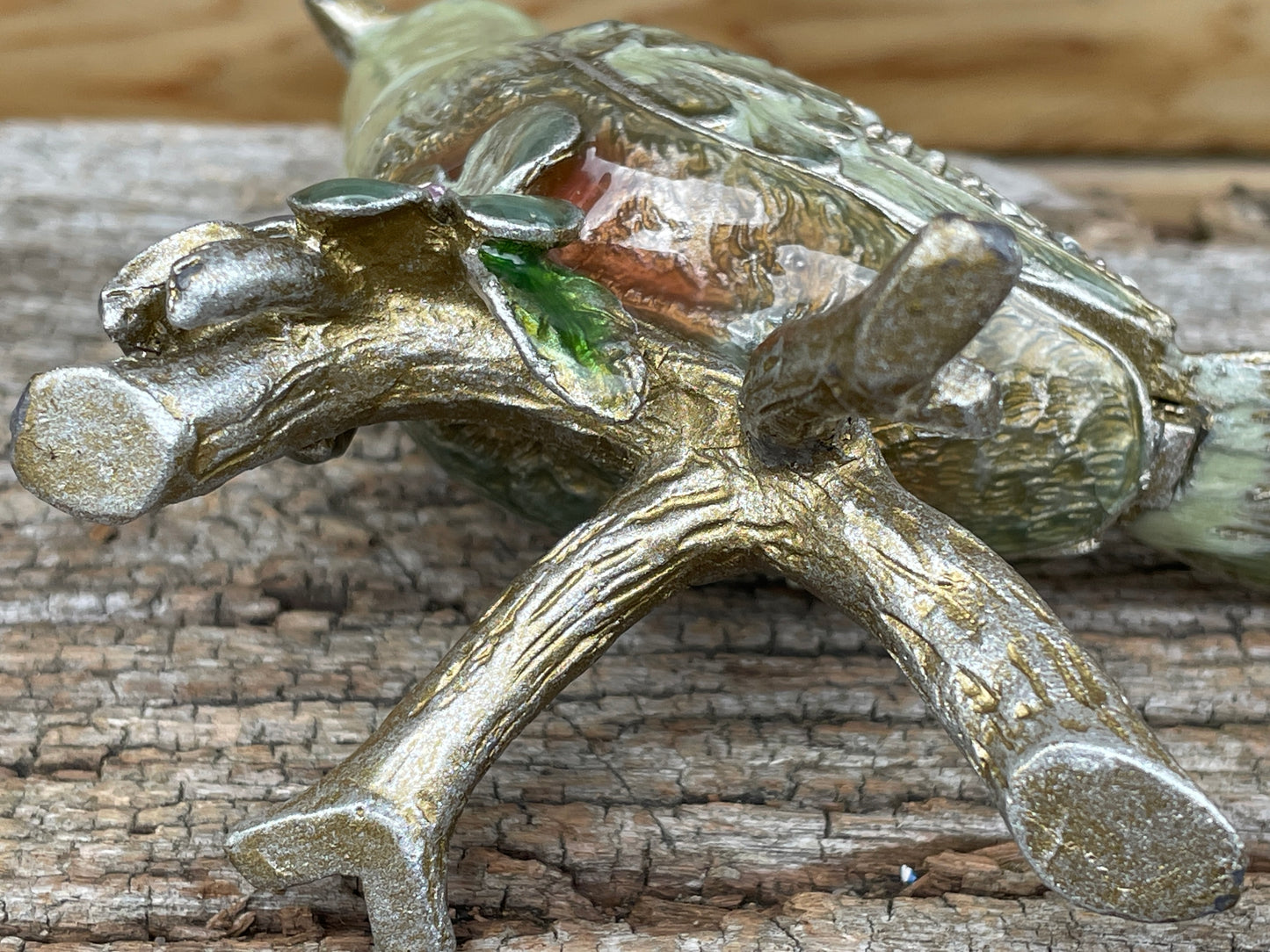 Swarovski crystals, enamel and silvered metal bird on a branch jewellery box