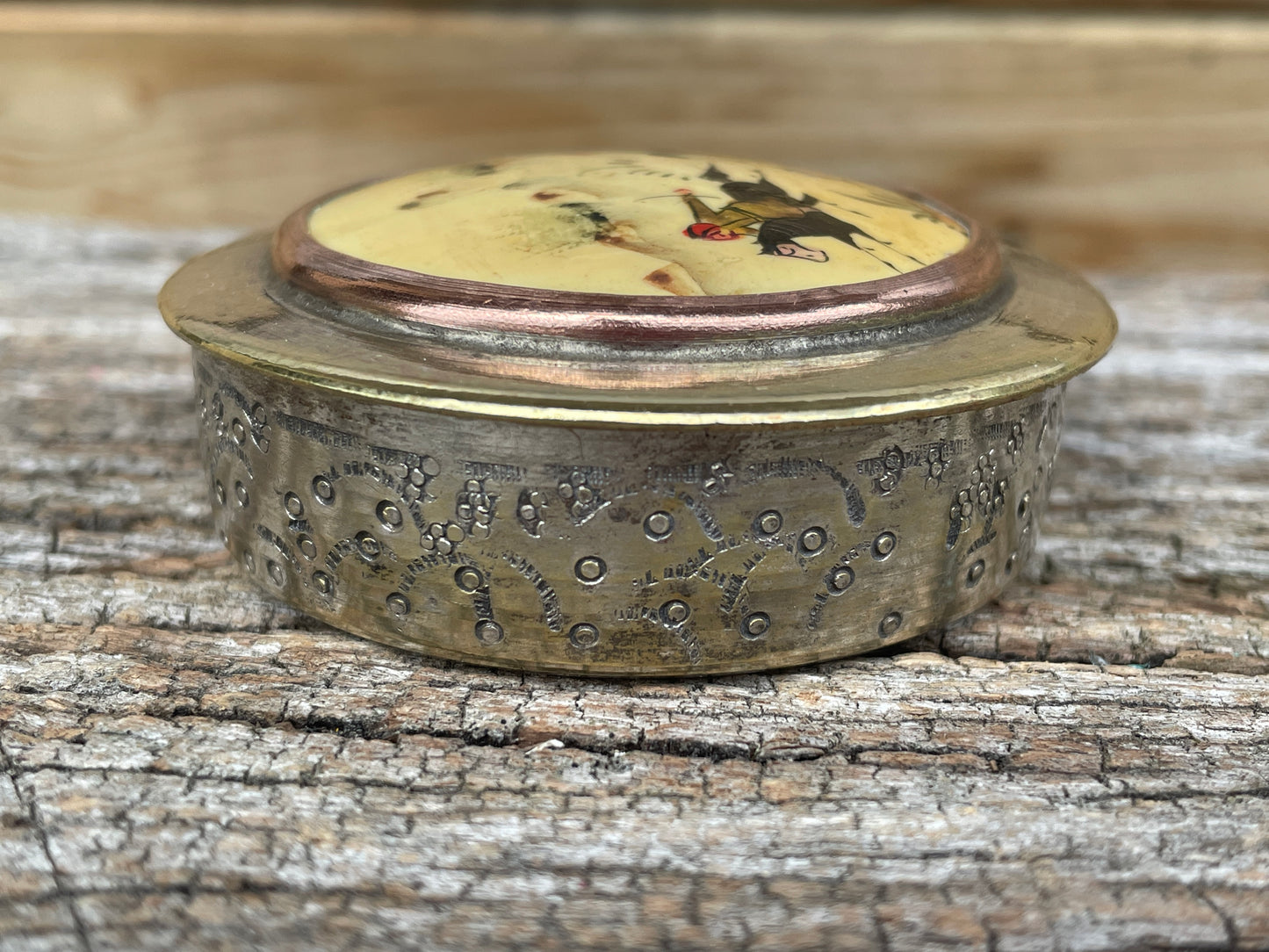 Vintage brass and ceramic powder box, pill box with Persian hunter riders chasing their game, hand painted