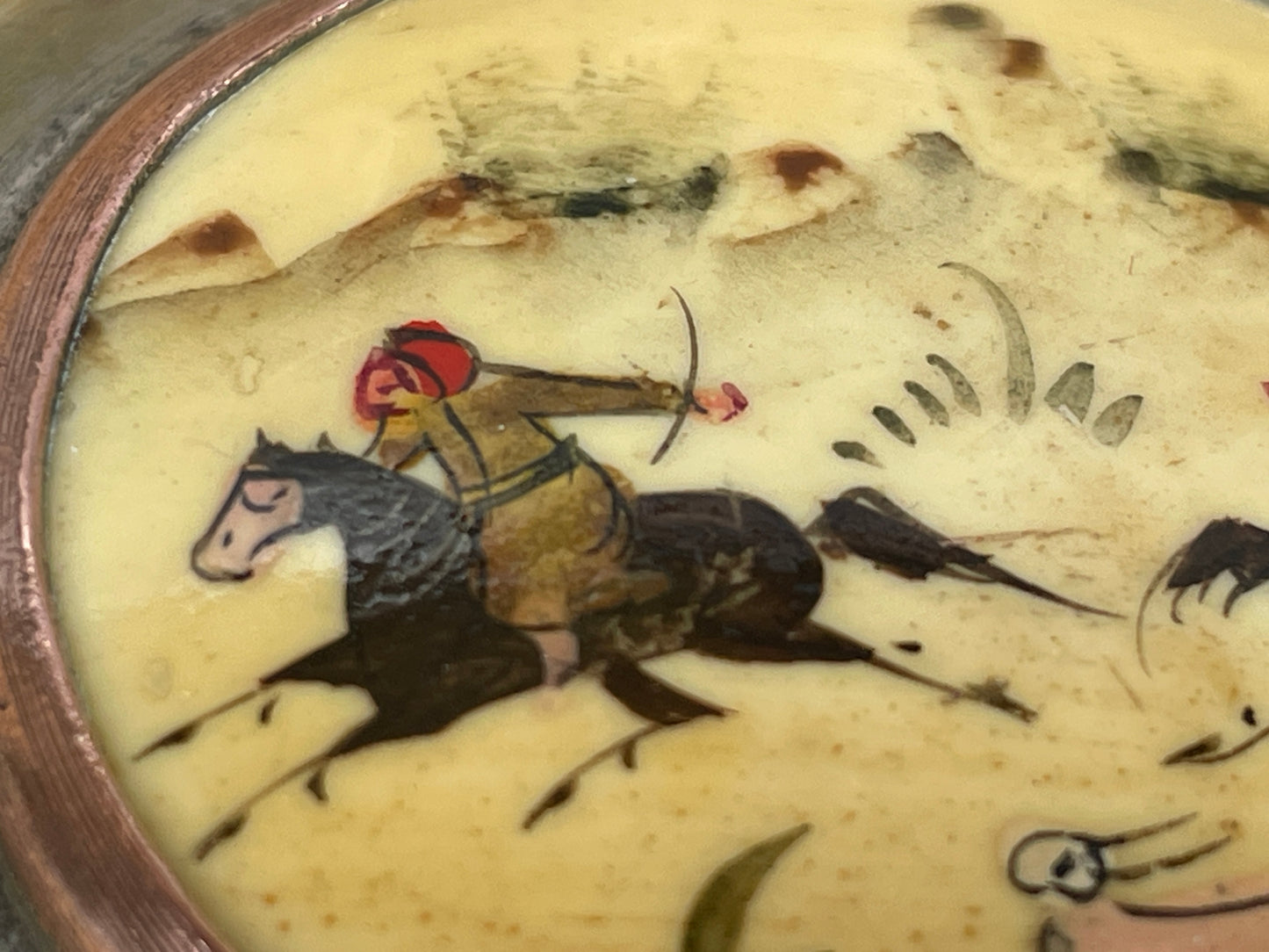 Vintage brass and ceramic powder box, pill box with Persian hunter riders chasing their game, hand painted