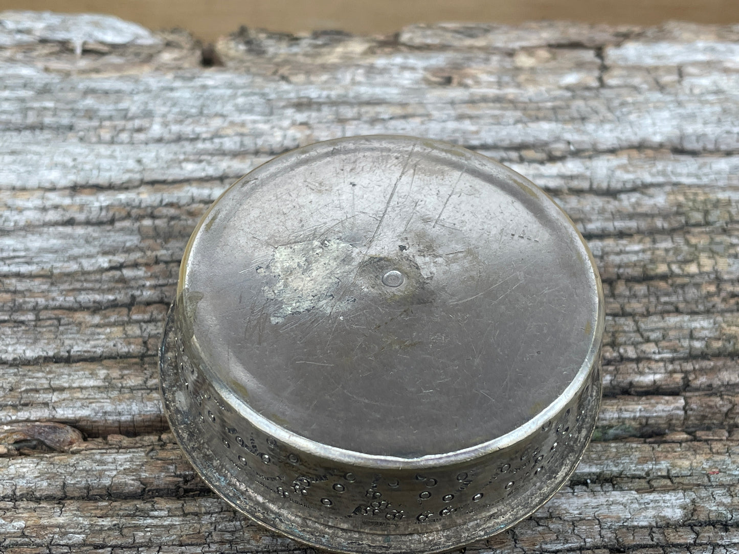 Vintage brass and ceramic powder box, pill box with Persian hunter riders chasing their game, hand painted