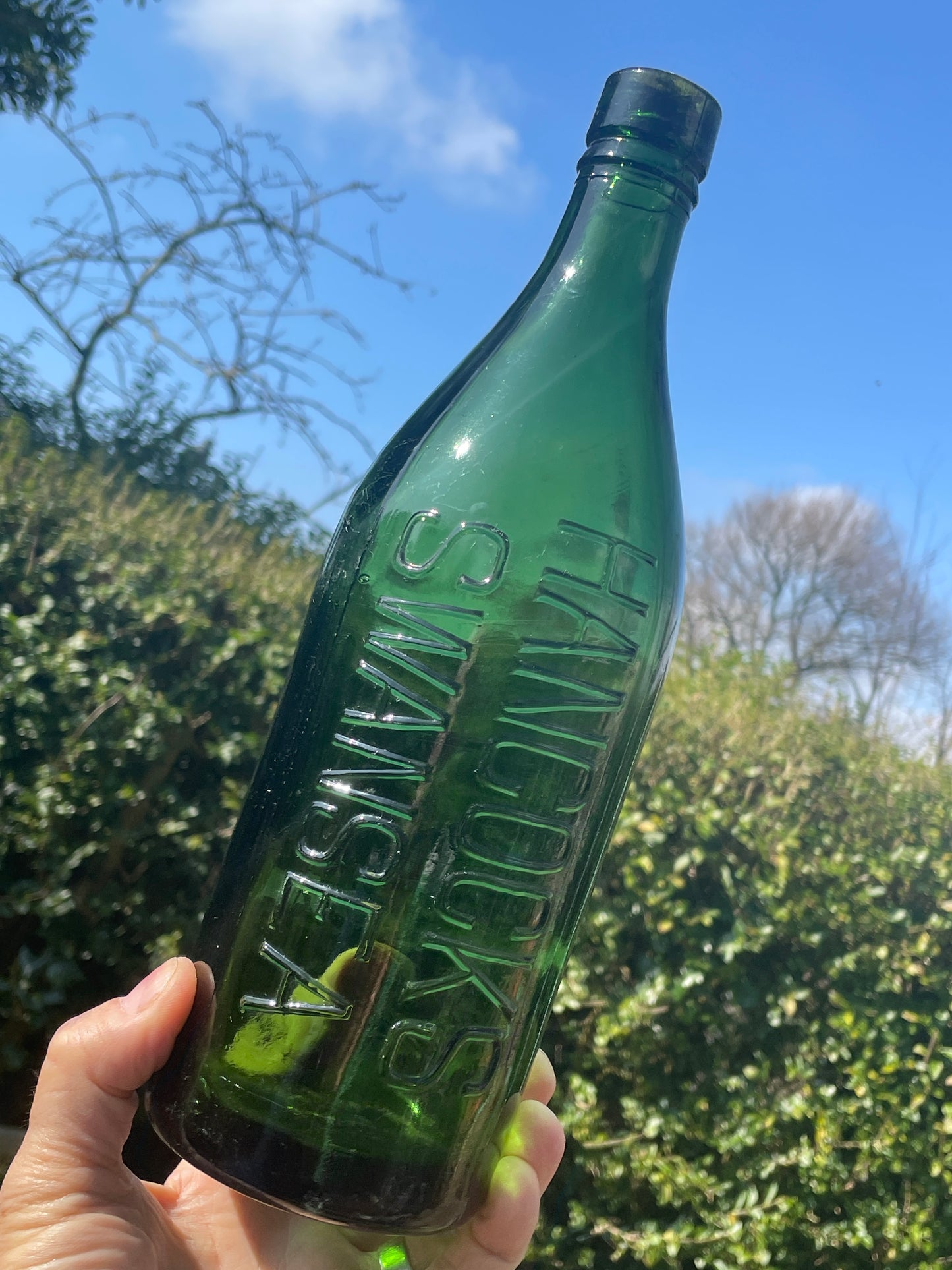 Large Vintage Hancocks Swansea green beer bottle 30cm tall