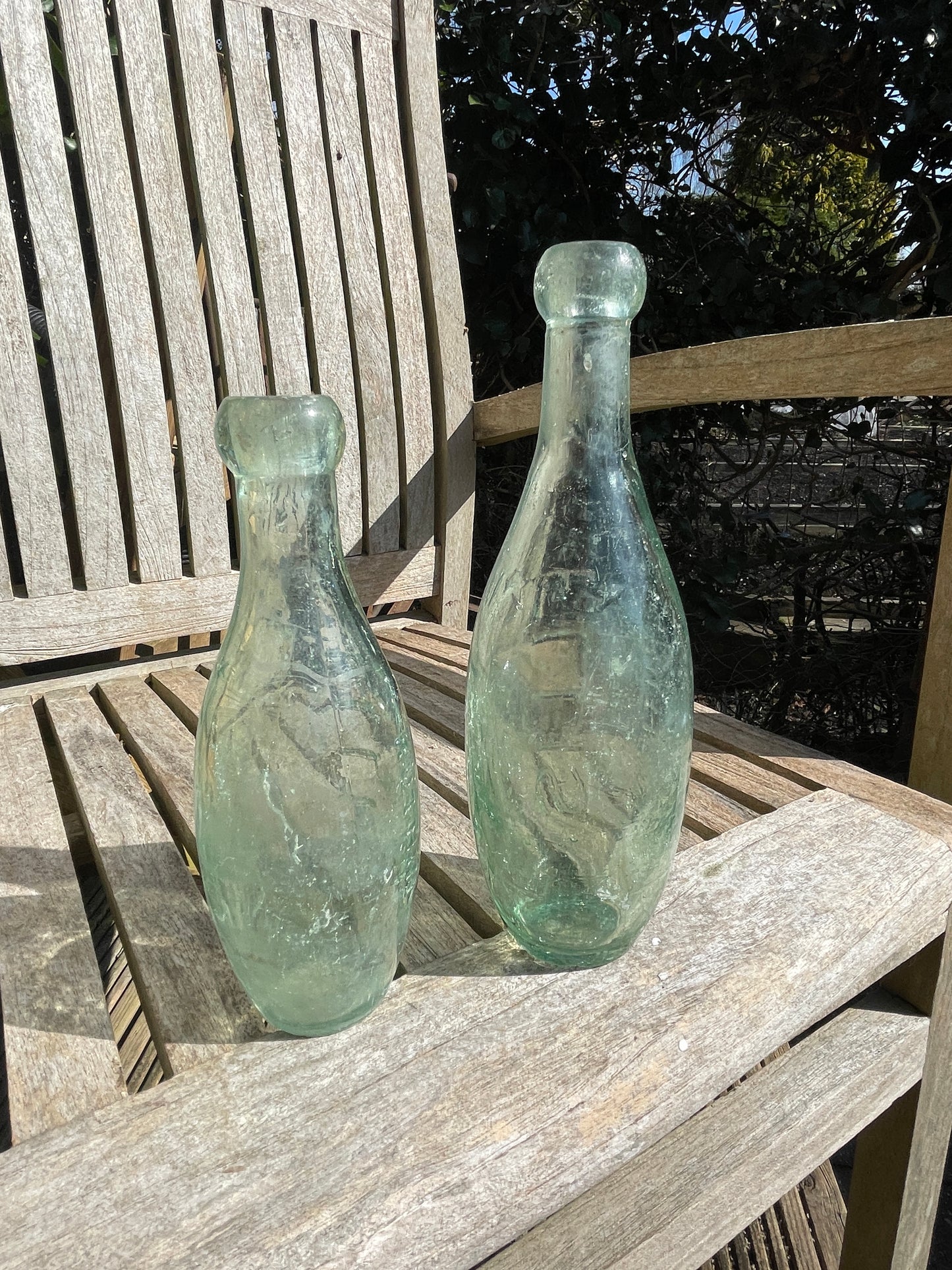 Two Victorian Ellis Ruthin Torpedo mineral water clear glass bottles c1890