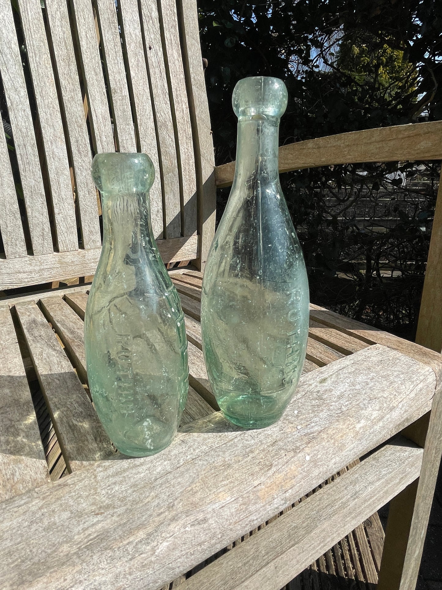 Two Victorian Ellis Ruthin Torpedo mineral water clear glass bottles c1890
