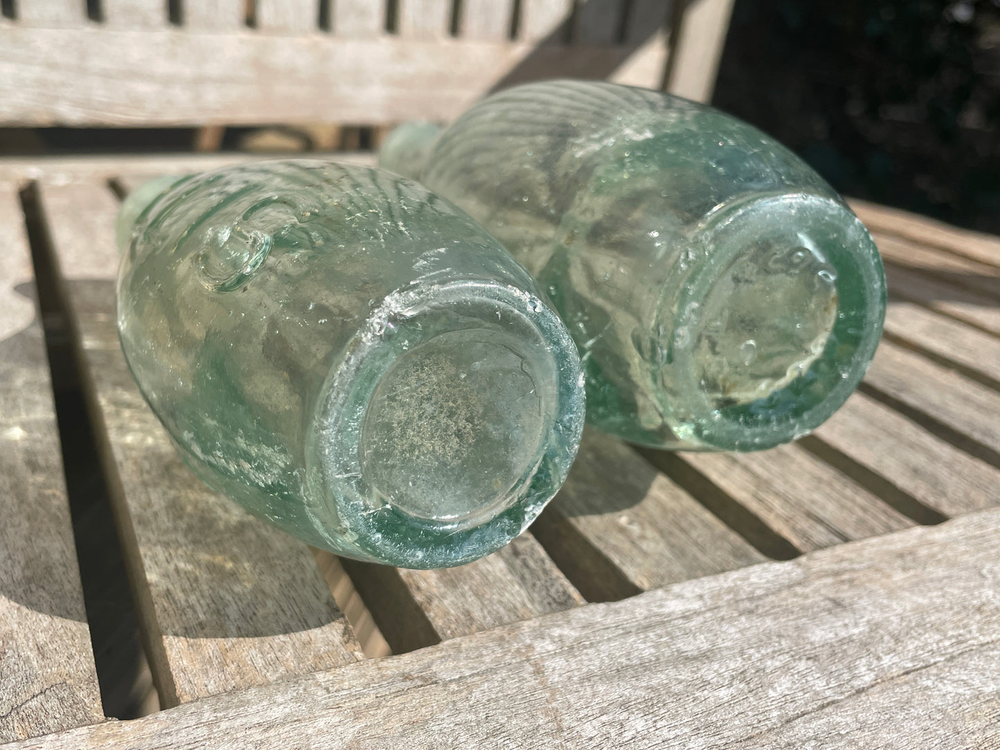 Two Victorian Ellis Ruthin Torpedo mineral water clear glass bottles c1890
