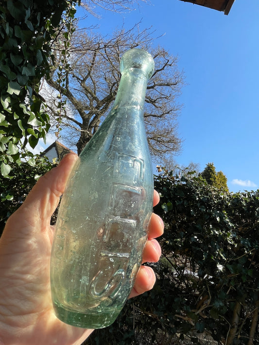 Two Victorian Ellis Ruthin Torpedo mineral water clear glass bottles c1890
