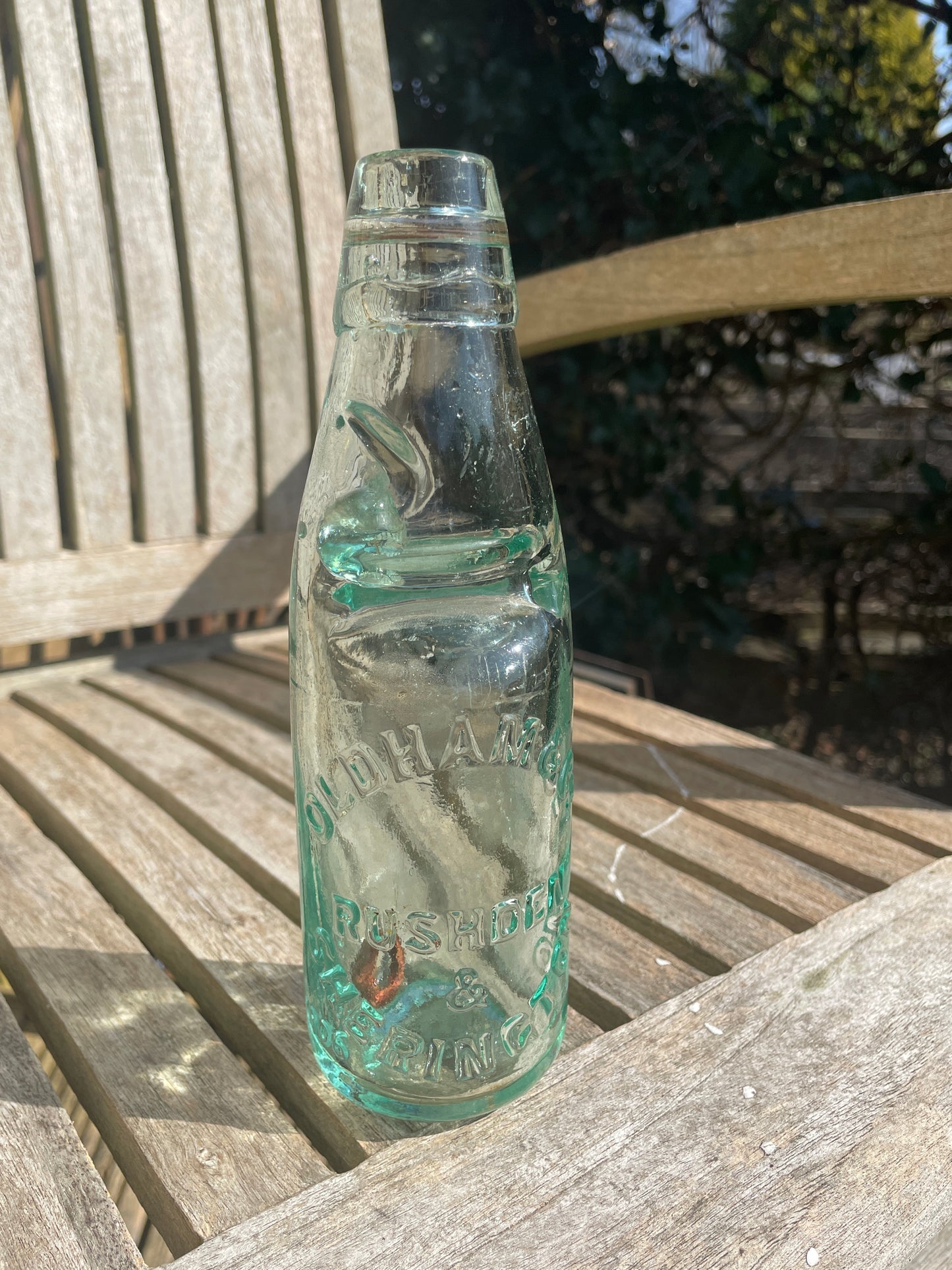 Original Oldham and Co. Rushden and Sherington 1906 clear cod bottle with marble