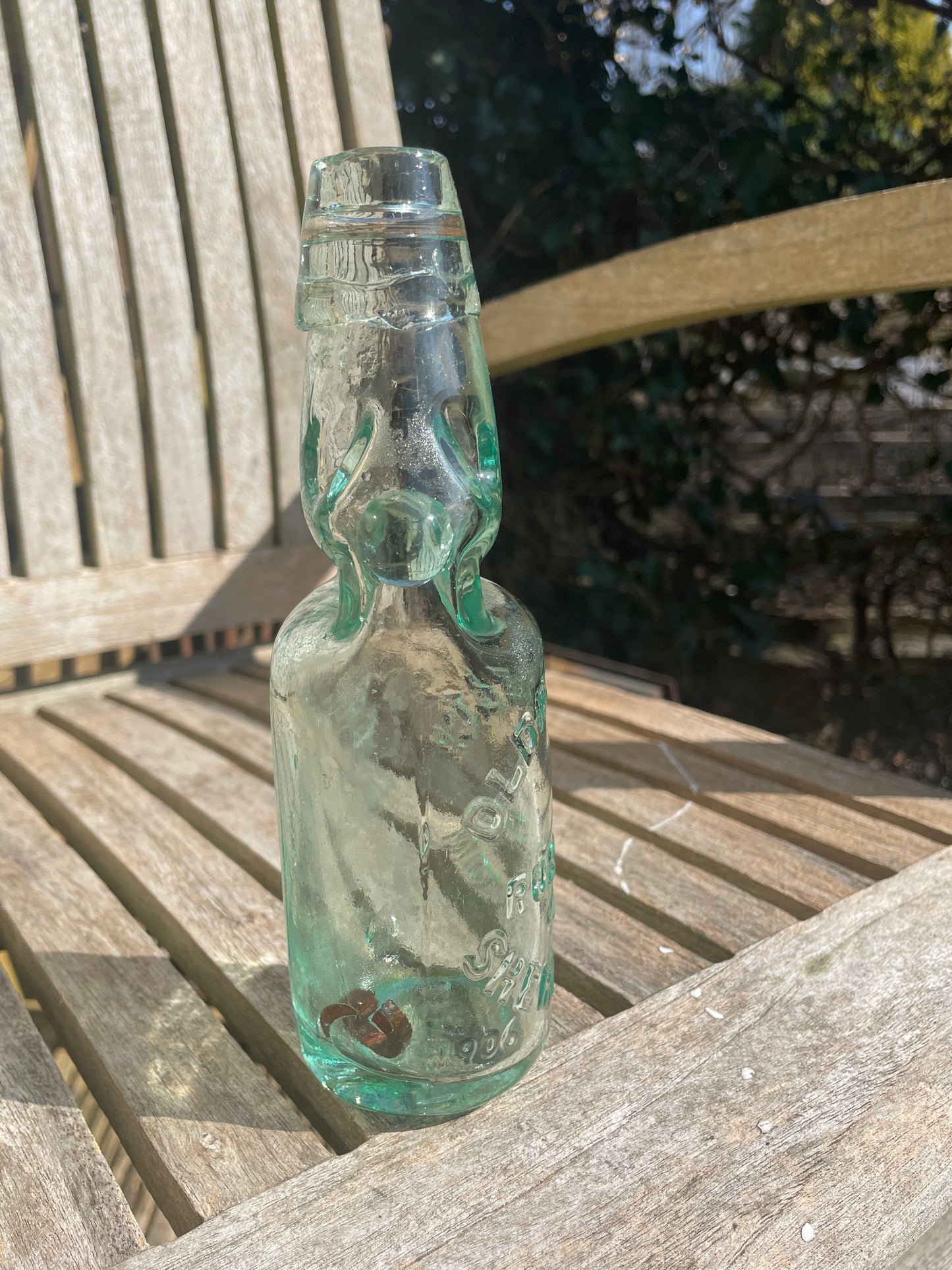 Original Oldham and Co. Rushden and Sherington 1906 clear cod bottle with marble