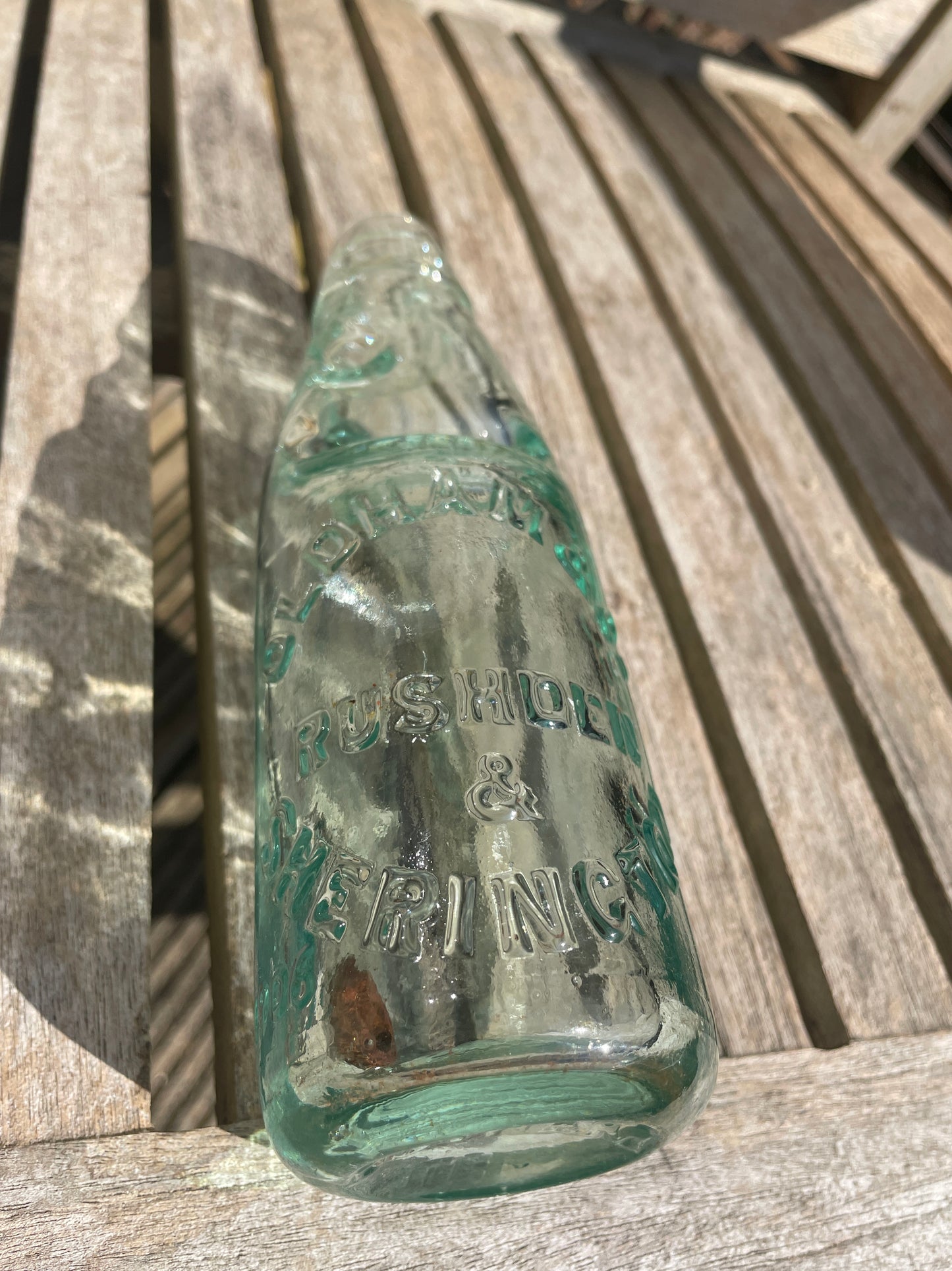 Original Oldham and Co. Rushden and Sherington 1906 clear cod bottle with marble