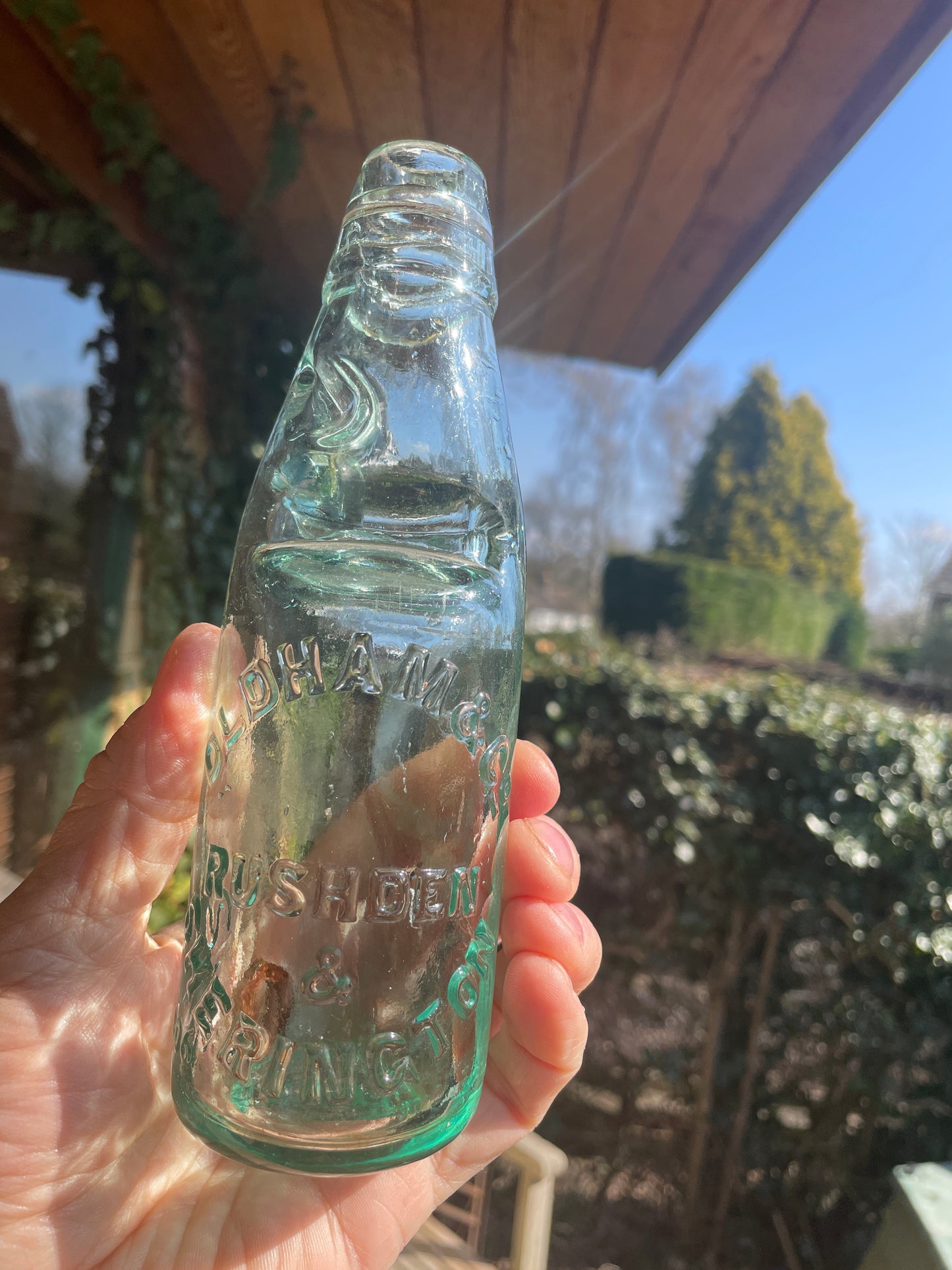 Original Oldham and Co. Rushden and Sherington 1906 clear cod bottle with marble