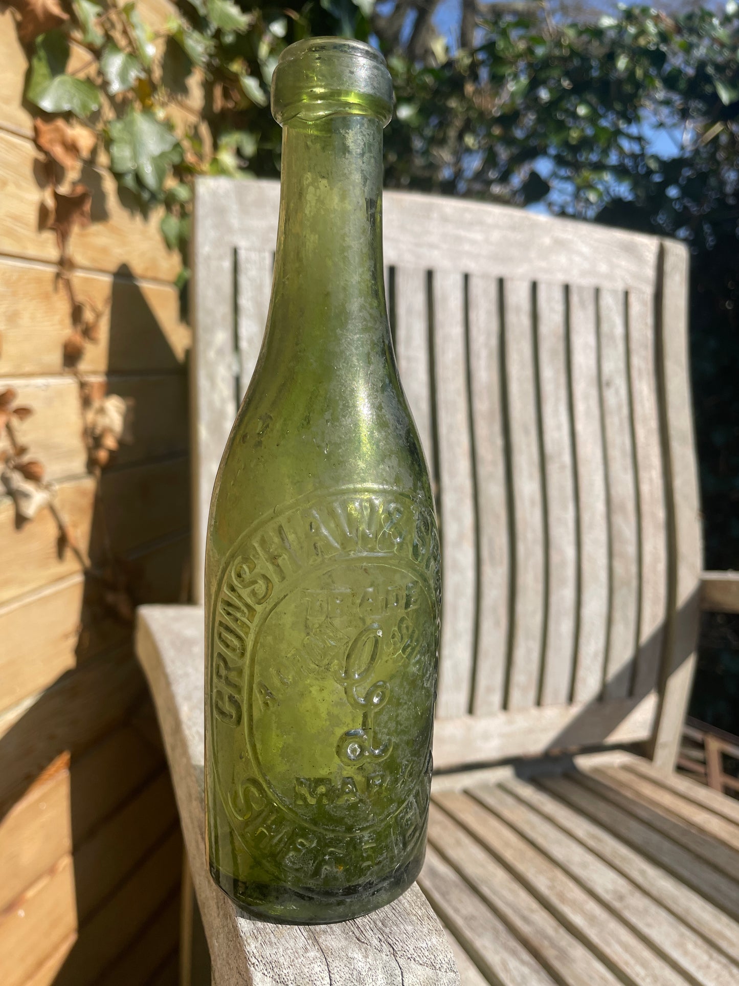 Antique Cronshaw and Sparkes Sheffield green mineral water bottle 1920's