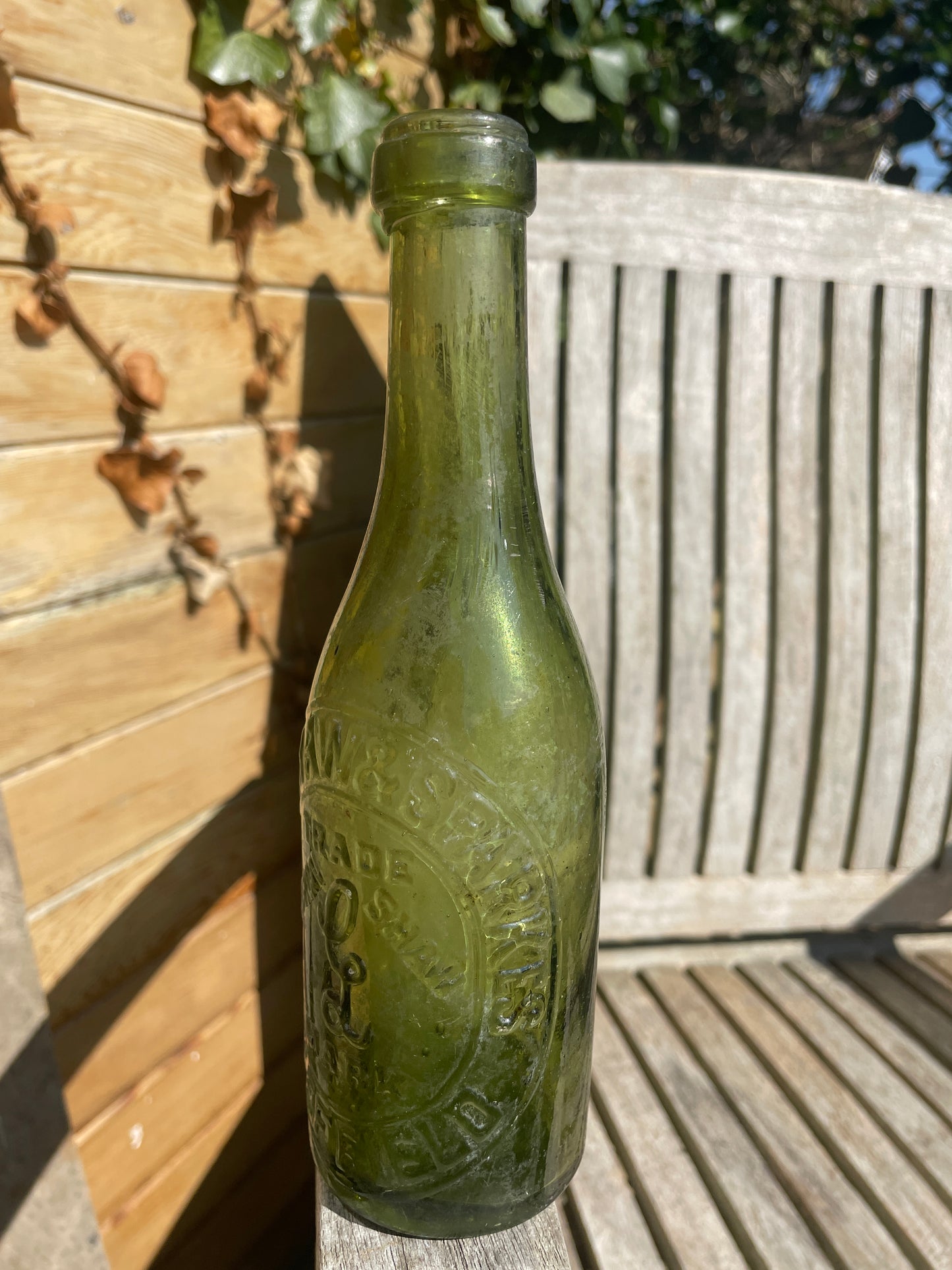 Antique Cronshaw and Sparkes Sheffield green mineral water bottle 1920's