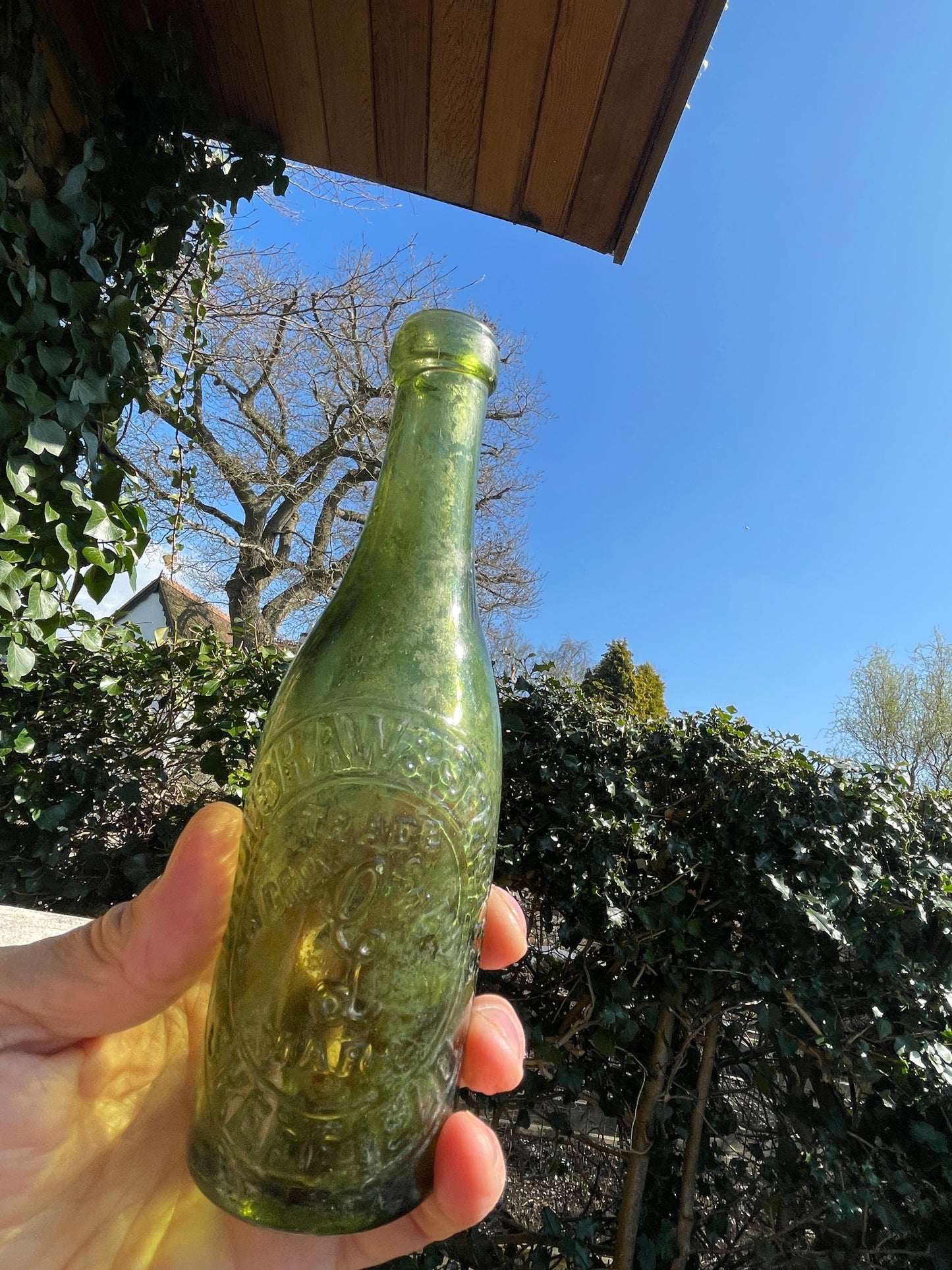 Antique Cronshaw and Sparkes Sheffield green mineral water bottle 1920's