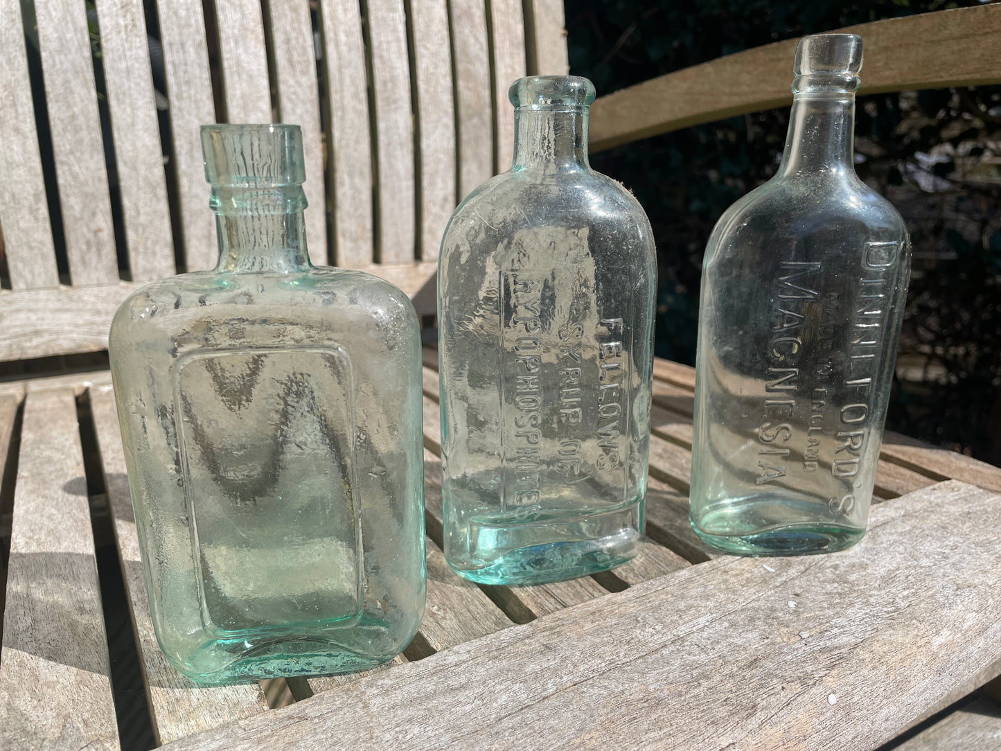 Three Antique glass bottles, Fellows Syrup , Dinneford's Magnesia examples