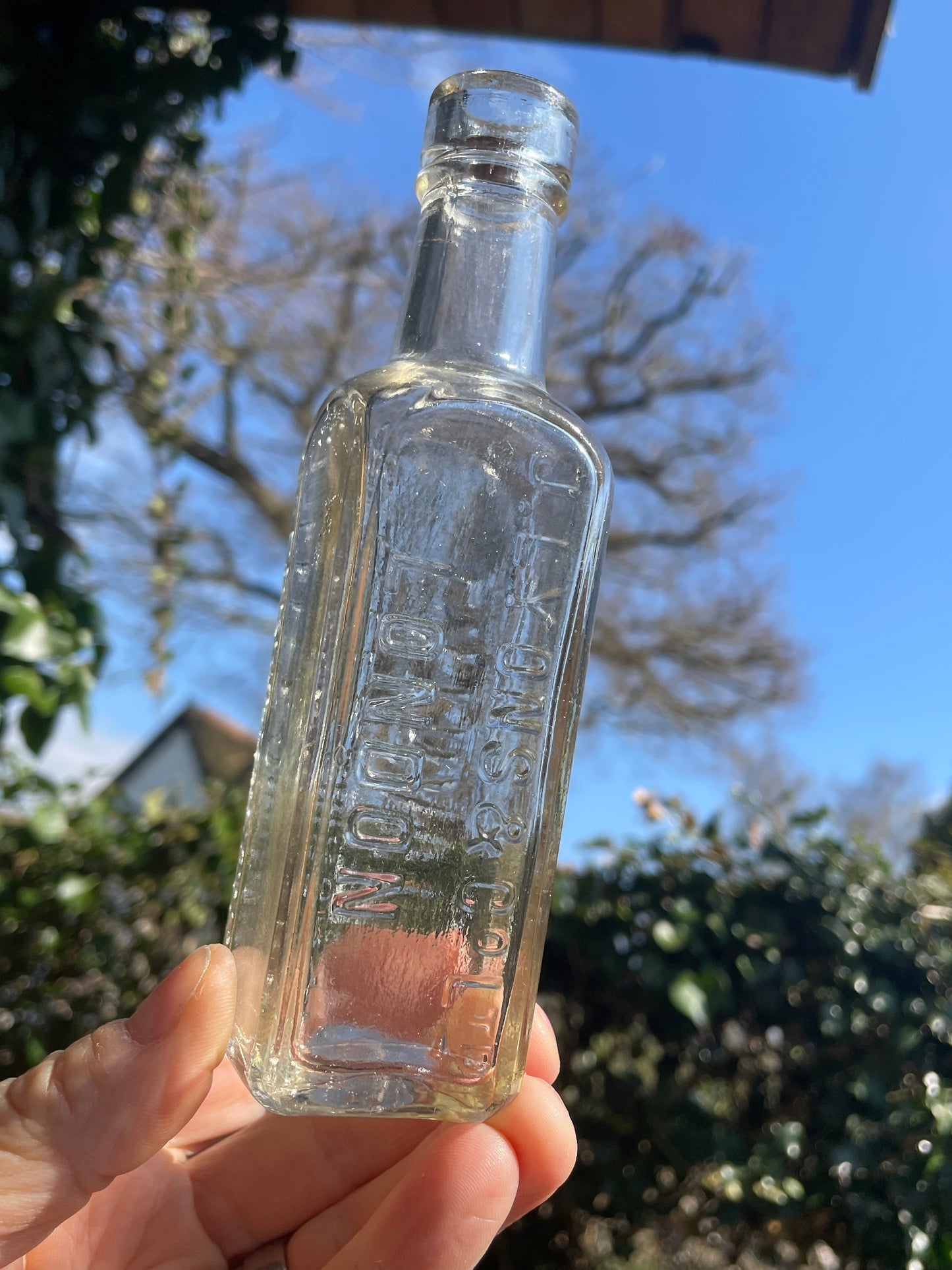 Antique J Lyons and Co. London Coffee and Chicory extract clear glass bottle