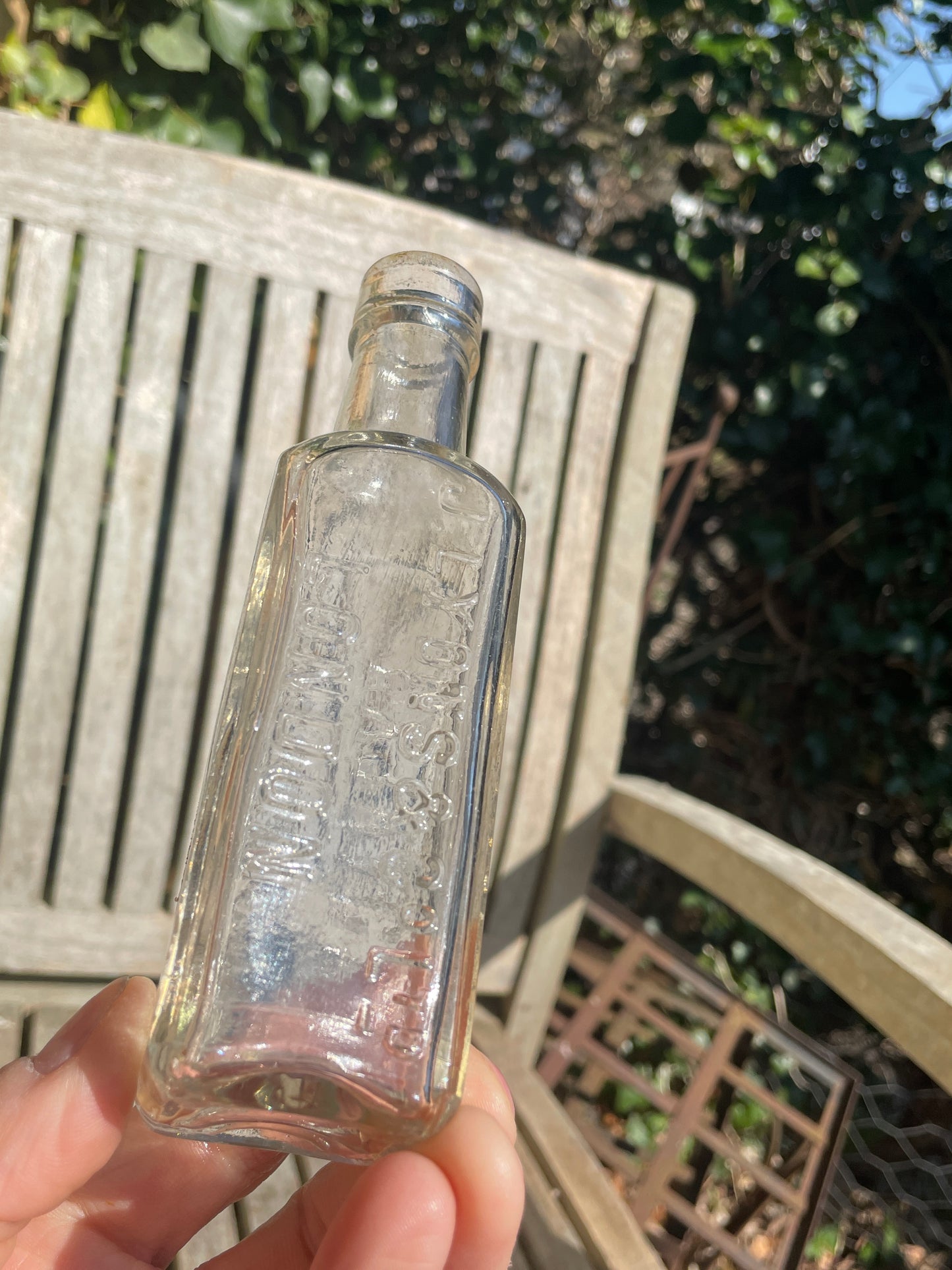 Antique J Lyons and Co. London Coffee and Chicory extract clear glass bottle
