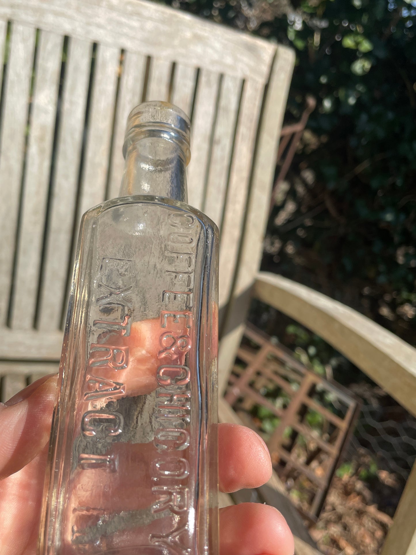 Antique J Lyons and Co. London Coffee and Chicory extract clear glass bottle