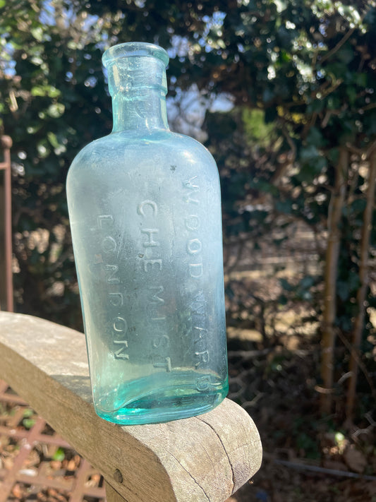 Antique Apothecary blue glass Woodward Chemist London bottle 15.5cm tall