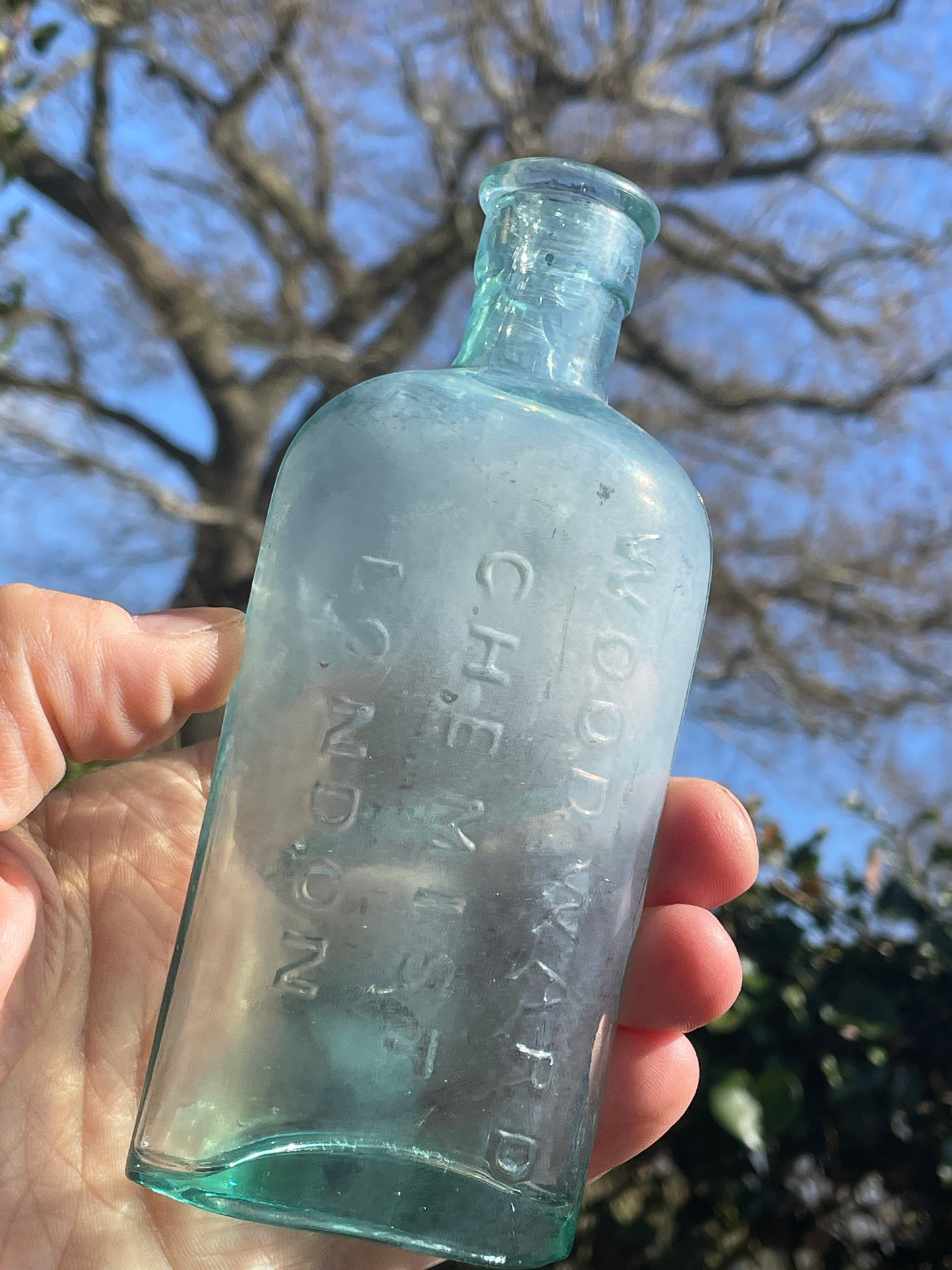 Antique Apothecary blue glass Woodward Chemist London bottle 15.5cm tall