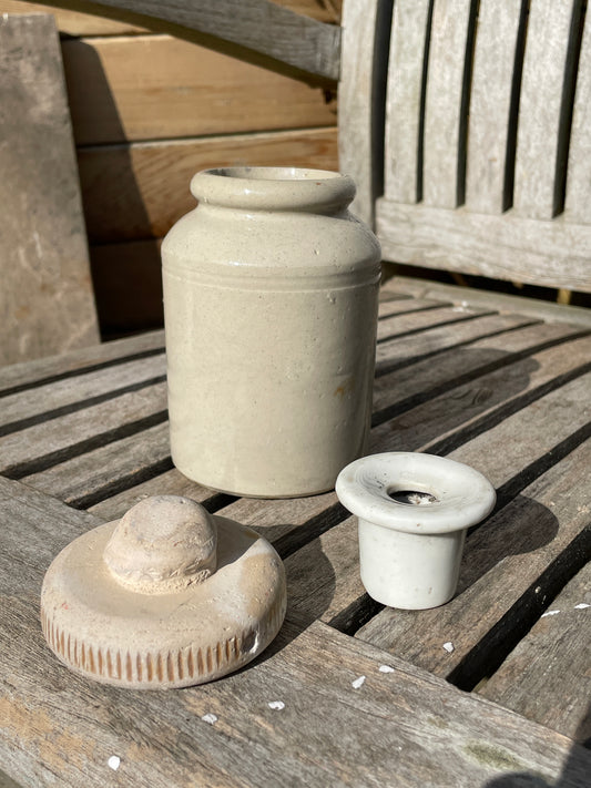 Victorian Stone bottle crock stopper, ceramic ink well and later Stoneware pot