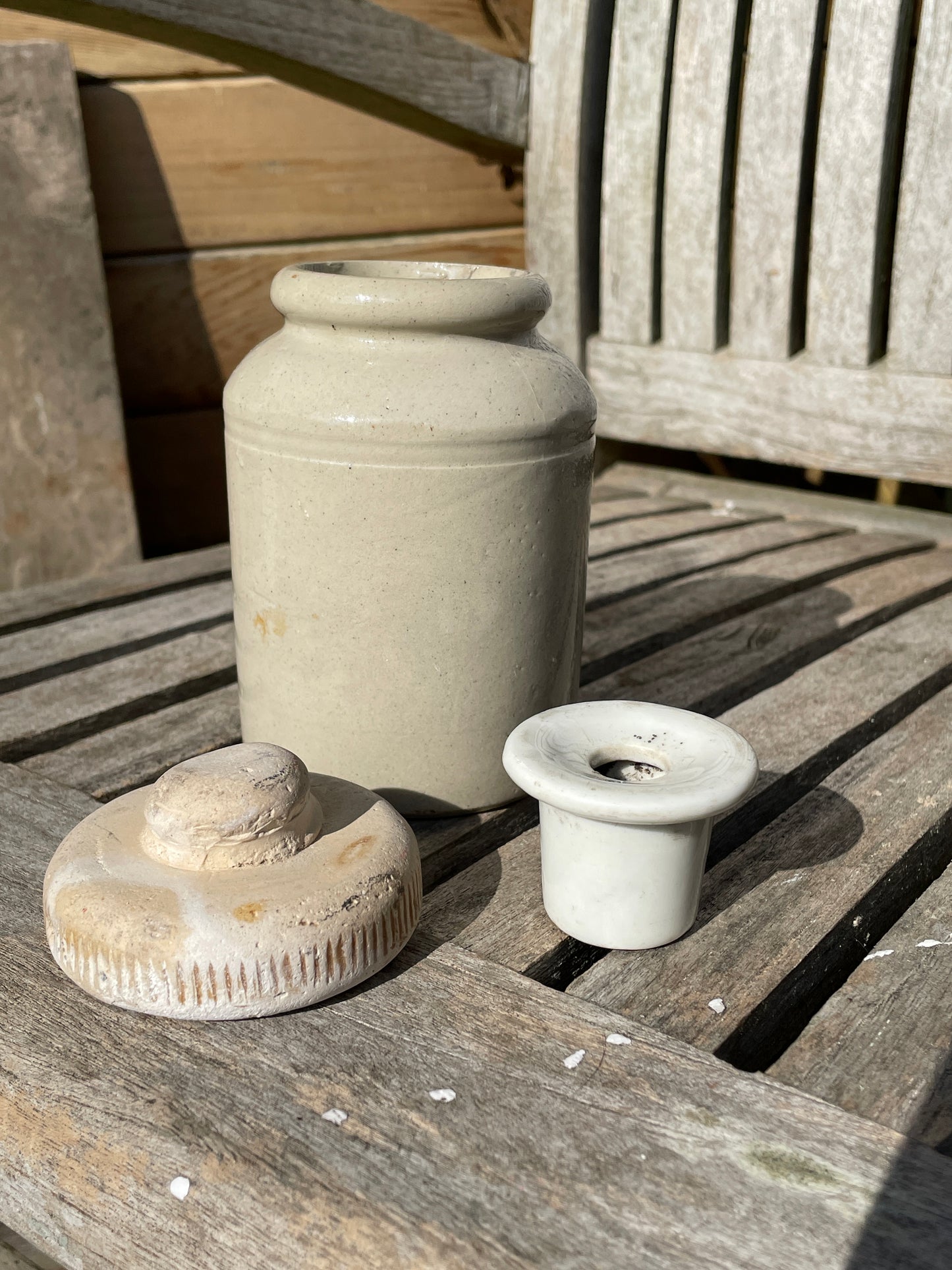 Victorian Stone bottle crock stopper, ceramic ink well and later Stoneware pot