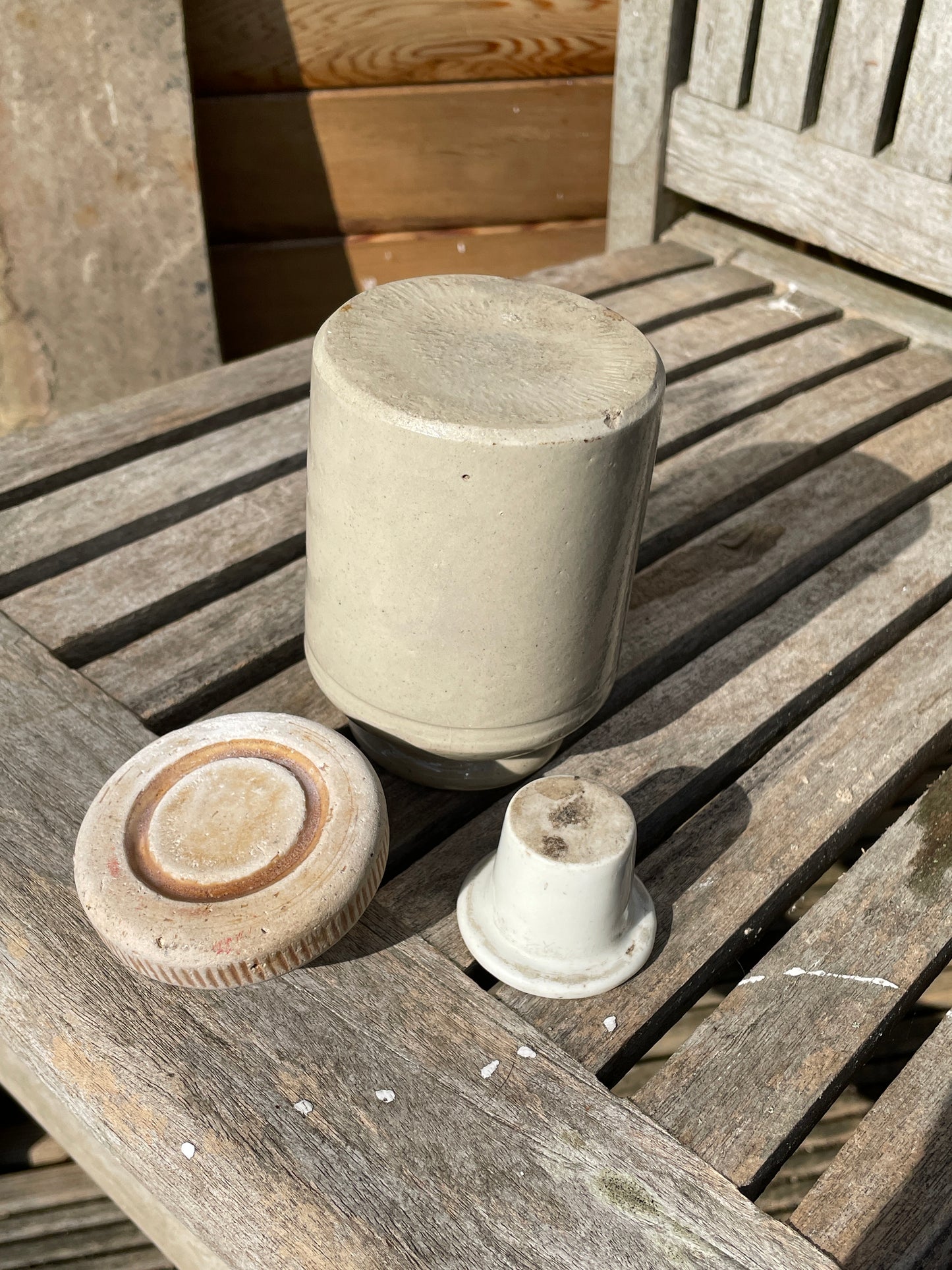 Victorian Stone bottle crock stopper, ceramic ink well and later Stoneware pot
