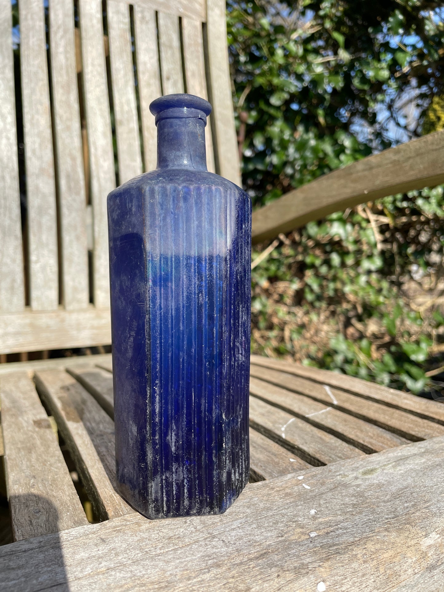 Cobalt blue hexagonal Victorian ribbed blue poison bottle 17.5cm tall