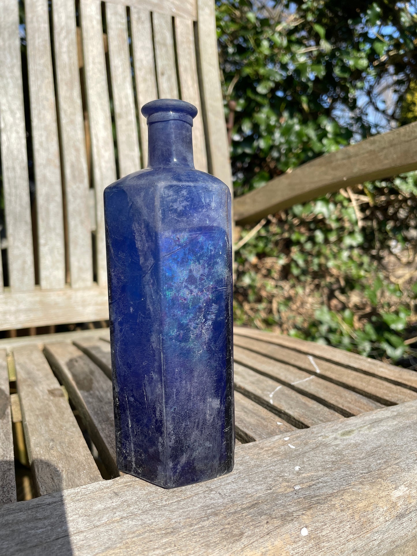 Cobalt blue hexagonal Victorian ribbed blue poison bottle 17.5cm tall