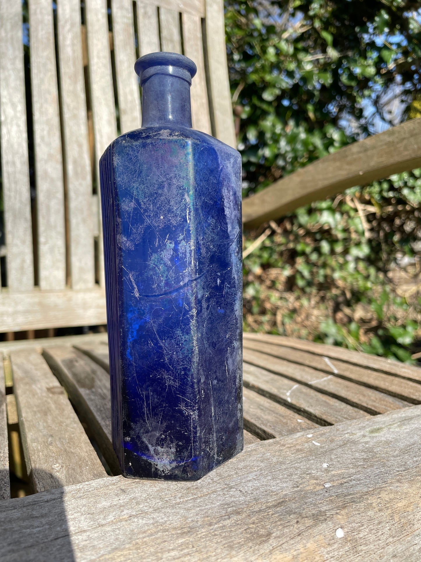 Cobalt blue hexagonal Victorian ribbed blue poison bottle 17.5cm tall