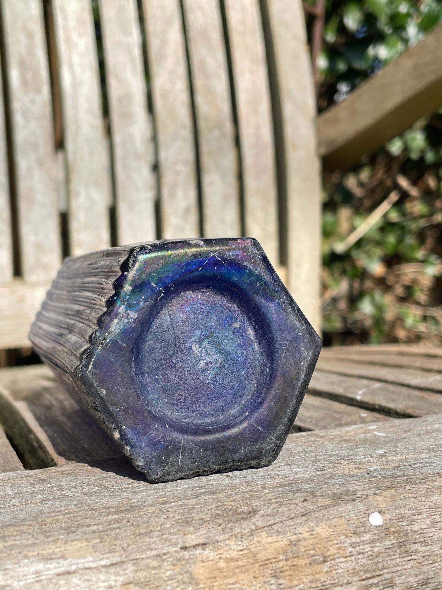 Cobalt blue hexagonal Victorian ribbed blue poison bottle 17.5cm tall